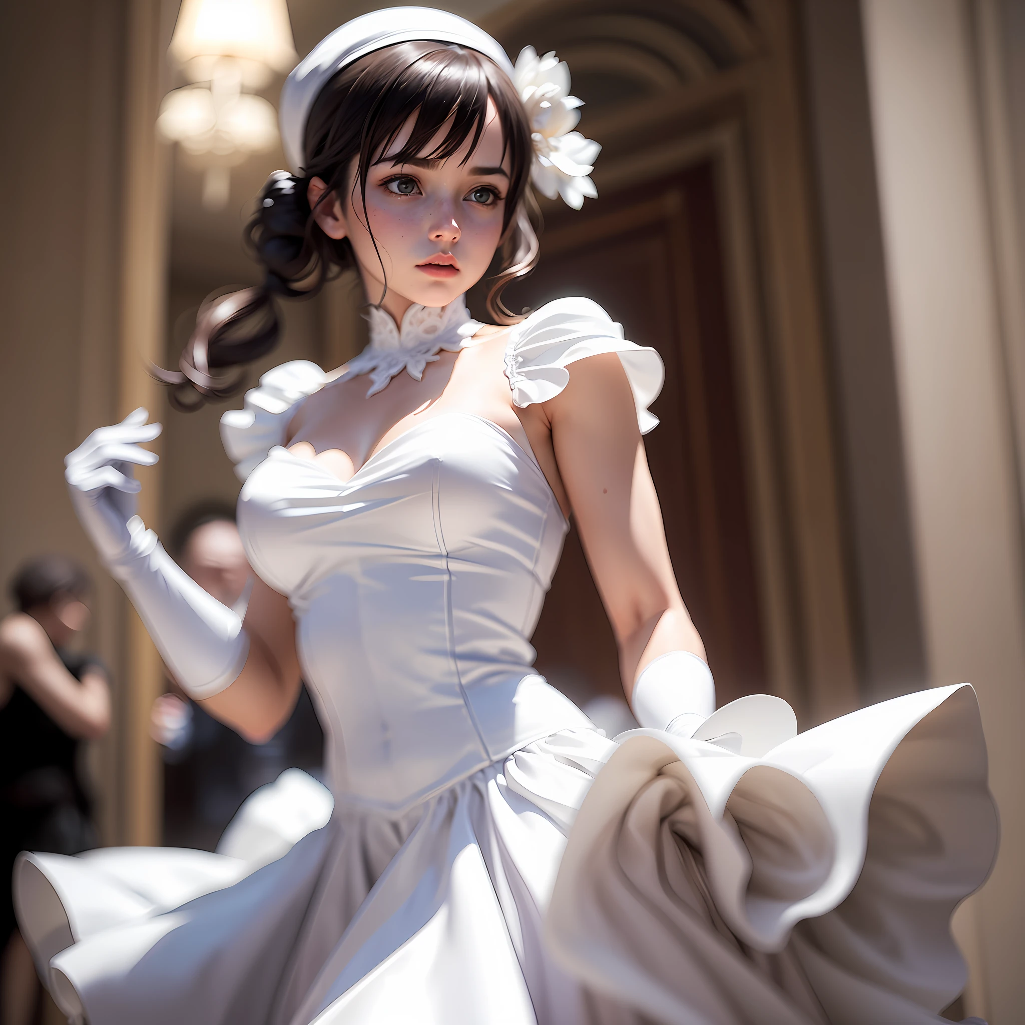 (photo realistic:1.55), masterpiece, best quality, detailed, blurry, depth_of_field, blurry_background, blurry_foreground, 1girl, gloves, white_gloves, dress, motion_blur, photo_\(medium\), solo, white_dress