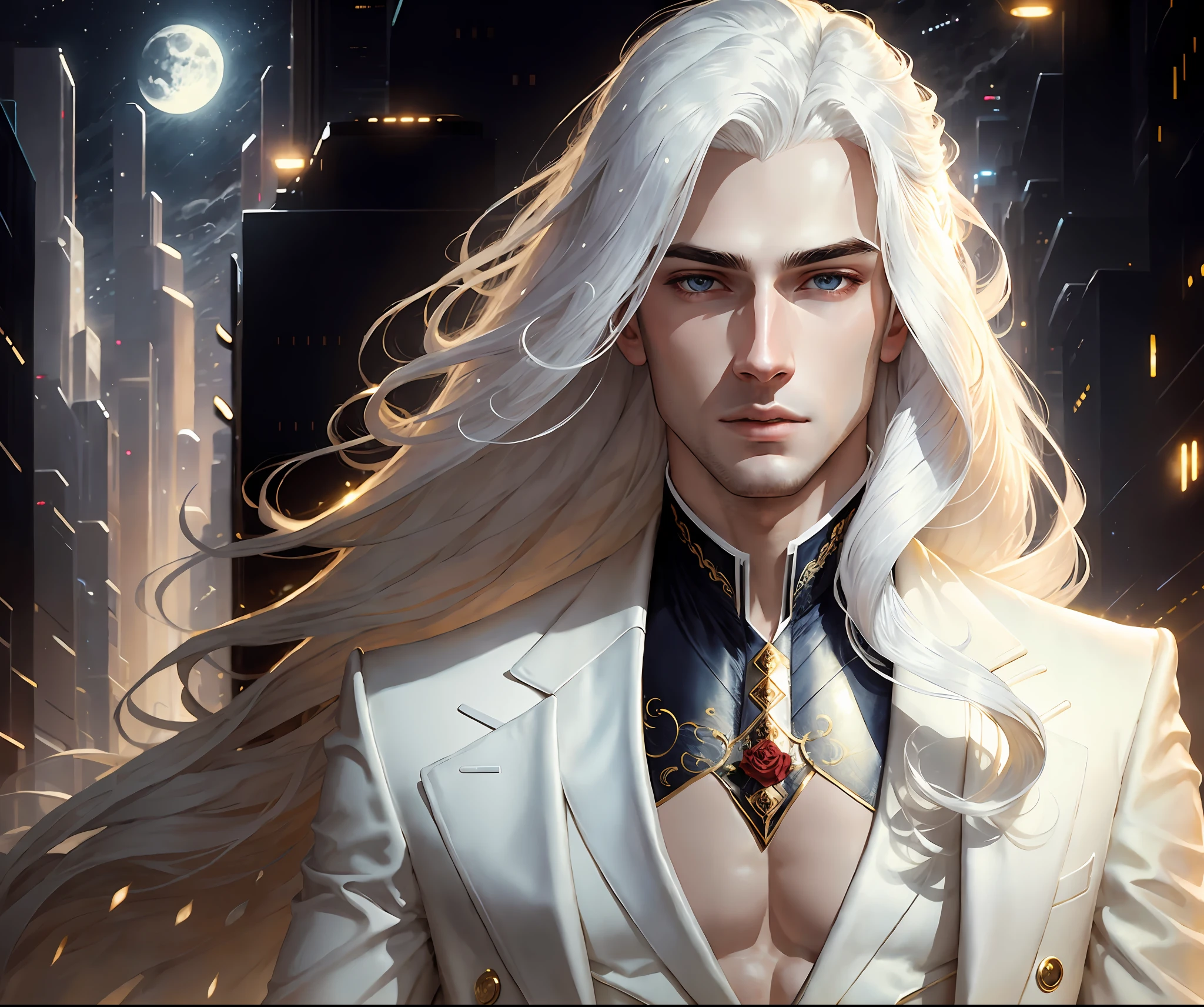 masterpiece, highest quality, (solo focus), (perfect face:1.1), (high detail:1.1),dramatic, 1guy, (pale skin), long white hair, white eyes, [light eyebrows], solo, long hair, moon, night, white luxury suit, covered navel, pouty lips, covered, futuristic city, detailed background, art by artgerm and greg rutkowski, cinematic lighting, roses, fashion, BalenciagaStyle