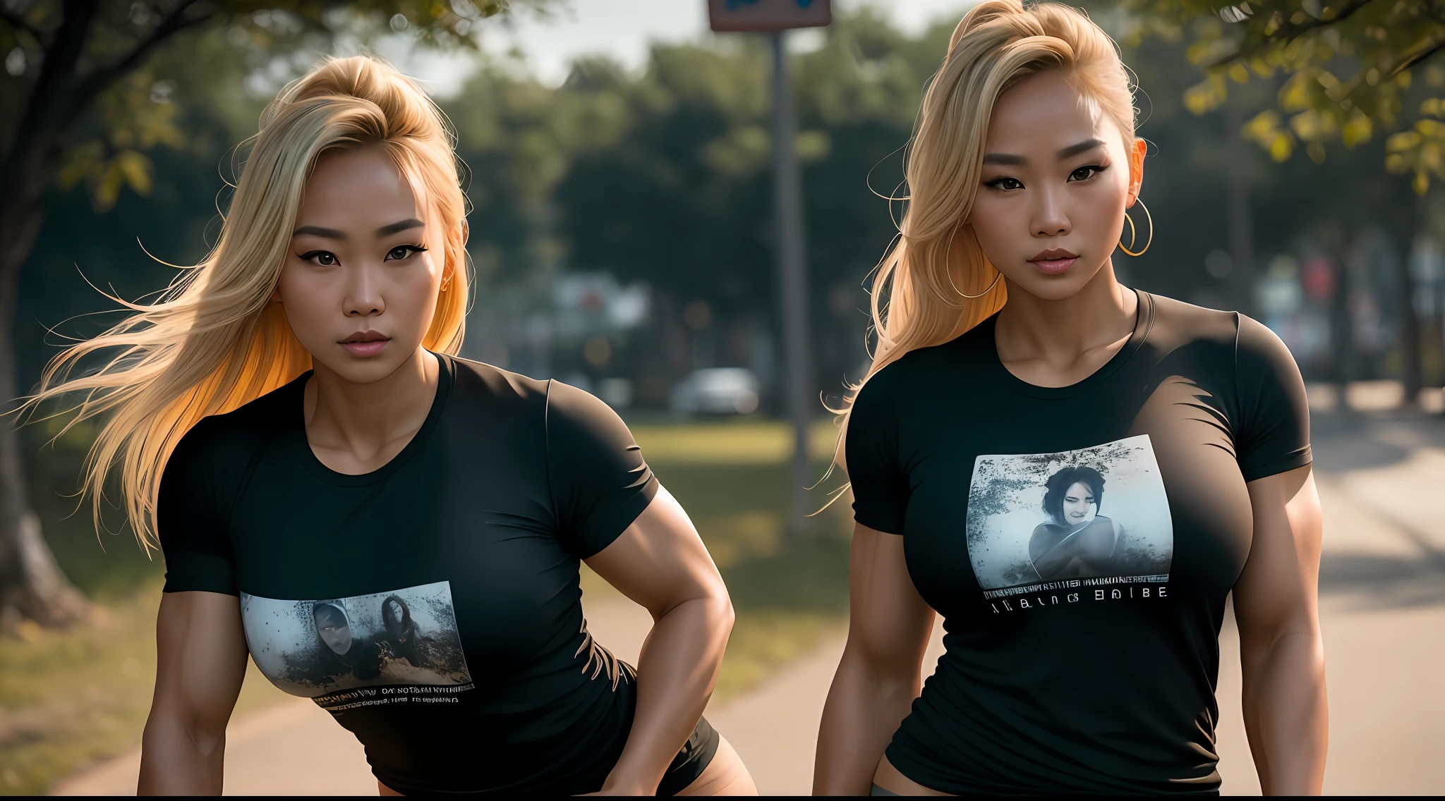 a stunning young thai woman with blond hair and bodybuilder physic, large breasts, wearing a torn t-shirt, jogging in the park, full body including legs, photorealistic, photo, masterpiece, realistic, realism, photorealism, high contrast, photorealistic digital art trending on artstation 8k hd high definition detailed realistic, detailed, skin texture, hyper detailed, realistic skin texture, armature, best quality, ultra high res, (photorealistic:1.4), high resolution, detailed, raw photo, sharp re, by lee jeffries nikon d850 film stock photograph 4 kodak portra 400 camera f1.6 lens rich colors hyper realistic lifelike texture dramatic lighting unrealengine trending on artstation cinestill 800,
