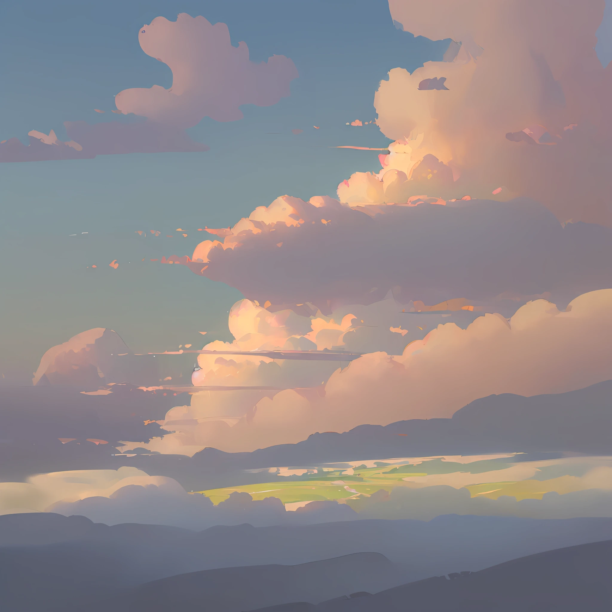 (((masterpiece))), a unique and stunning landscape, creating the mystery and magnificence of the cloud castle. A beautiful girl stands on the clouds, black hair and blue eyes, white coat and jacket set off fair skin, long hair fluttering in the breeze. She looks sideways into the camera and smiles, wearing a red bib, glasses and jewelry, and a flock of white birds behind her. In the blue sky behind her, a rainbow crosses the sky, and the blooming clouds form a beautiful picture.