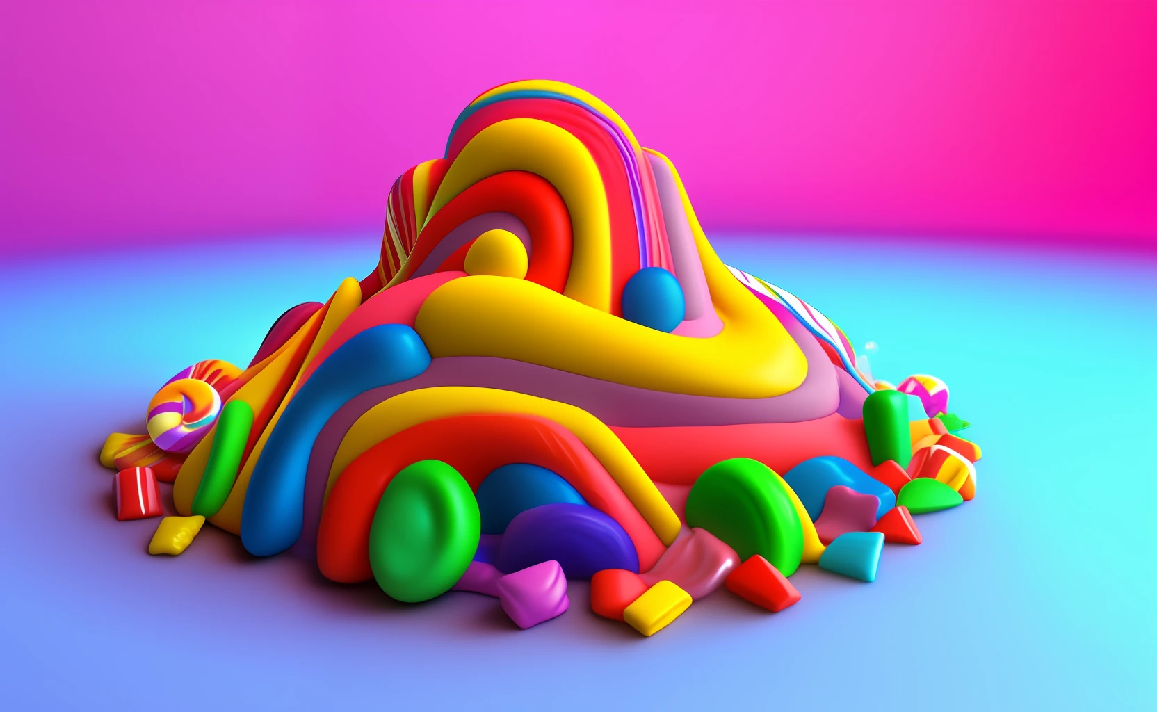 hill made of candy, 3d, swirls, colourful