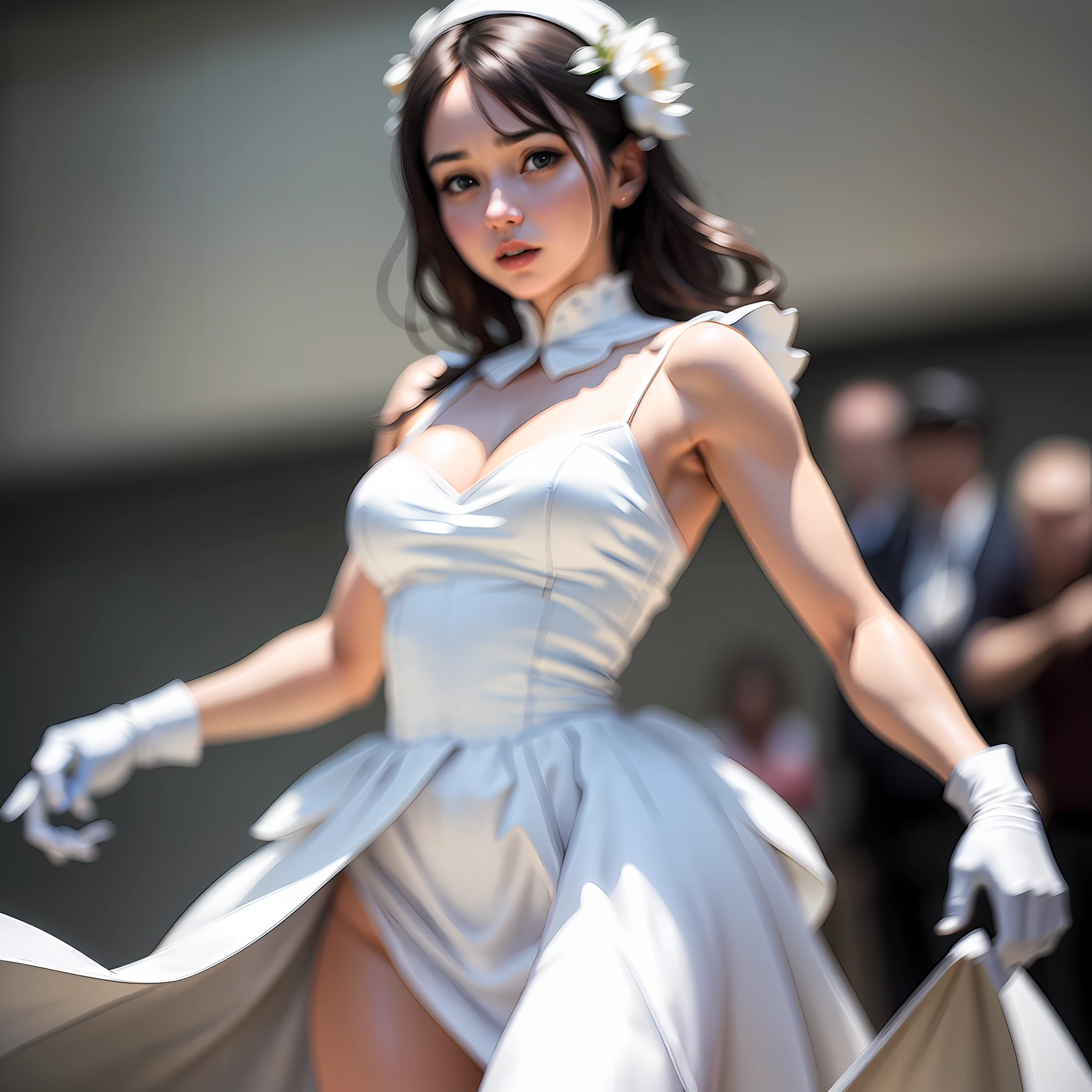 (photo realistic:1.55), masterpiece, best quality, detailed, blurry, depth_of_field, blurry_background, blurry_foreground, 1girl, gloves, white_gloves, dress, motion_blur, photo_\(medium\), solo, white_dress