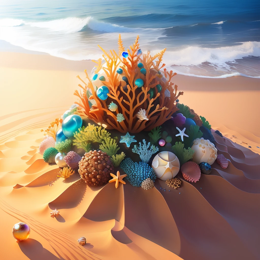 anthill, anthill made of sand grains, marbles, gems, leaves, and pearls with sea shells and sea weed