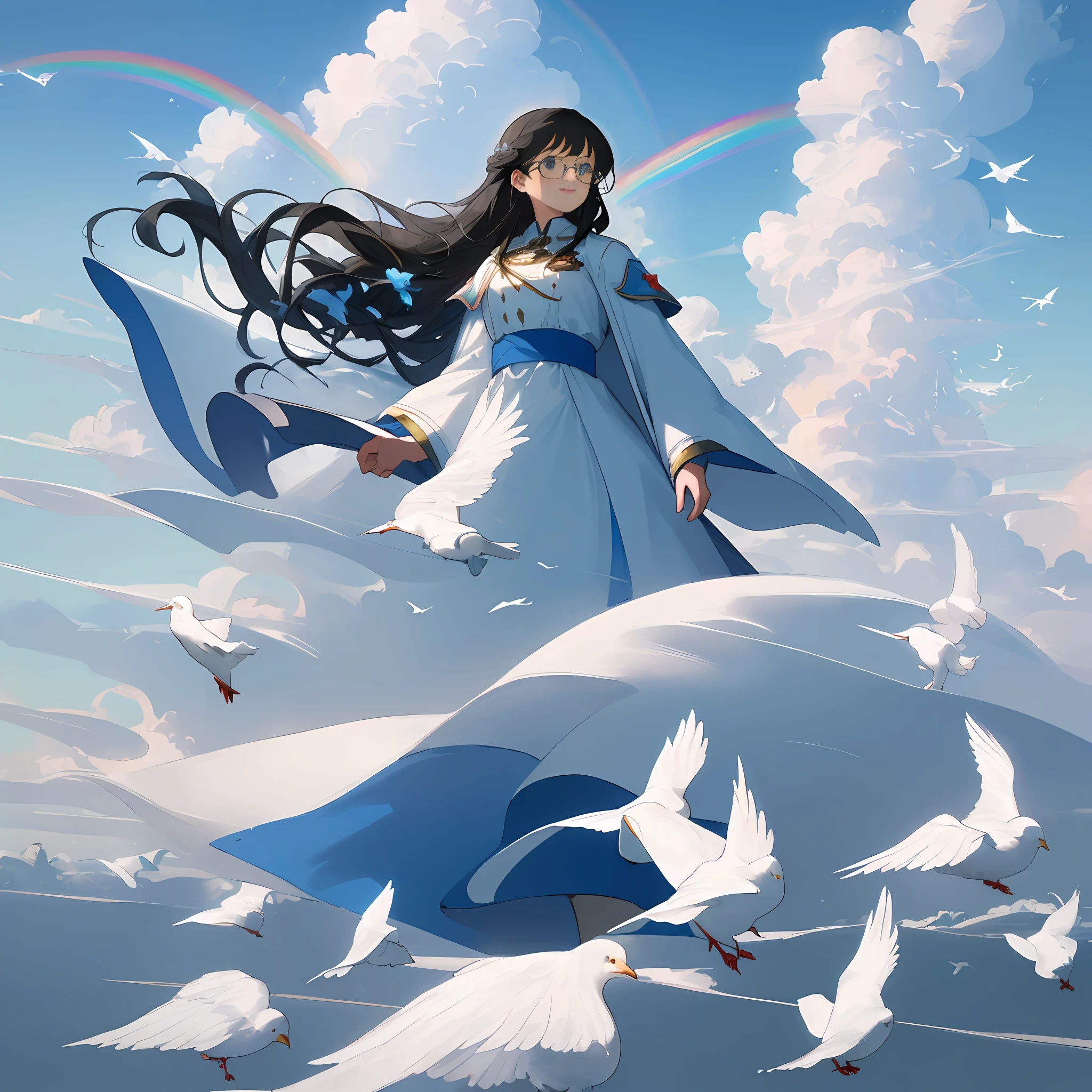 (((masterpiece))), a unique and stunning landscape, creating the mystery and magnificence of the cloud castle. A beautiful girl stands on the clouds, black hair and blue eyes, white coat and jacket set off fair skin, long hair fluttering in the breeze. She looks sideways into the camera and smiles, wearing a red bib, glasses and jewelry, and a flock of white birds behind her. In the blue sky behind her, a rainbow crosses the sky, and the blooming clouds form a beautiful picture.