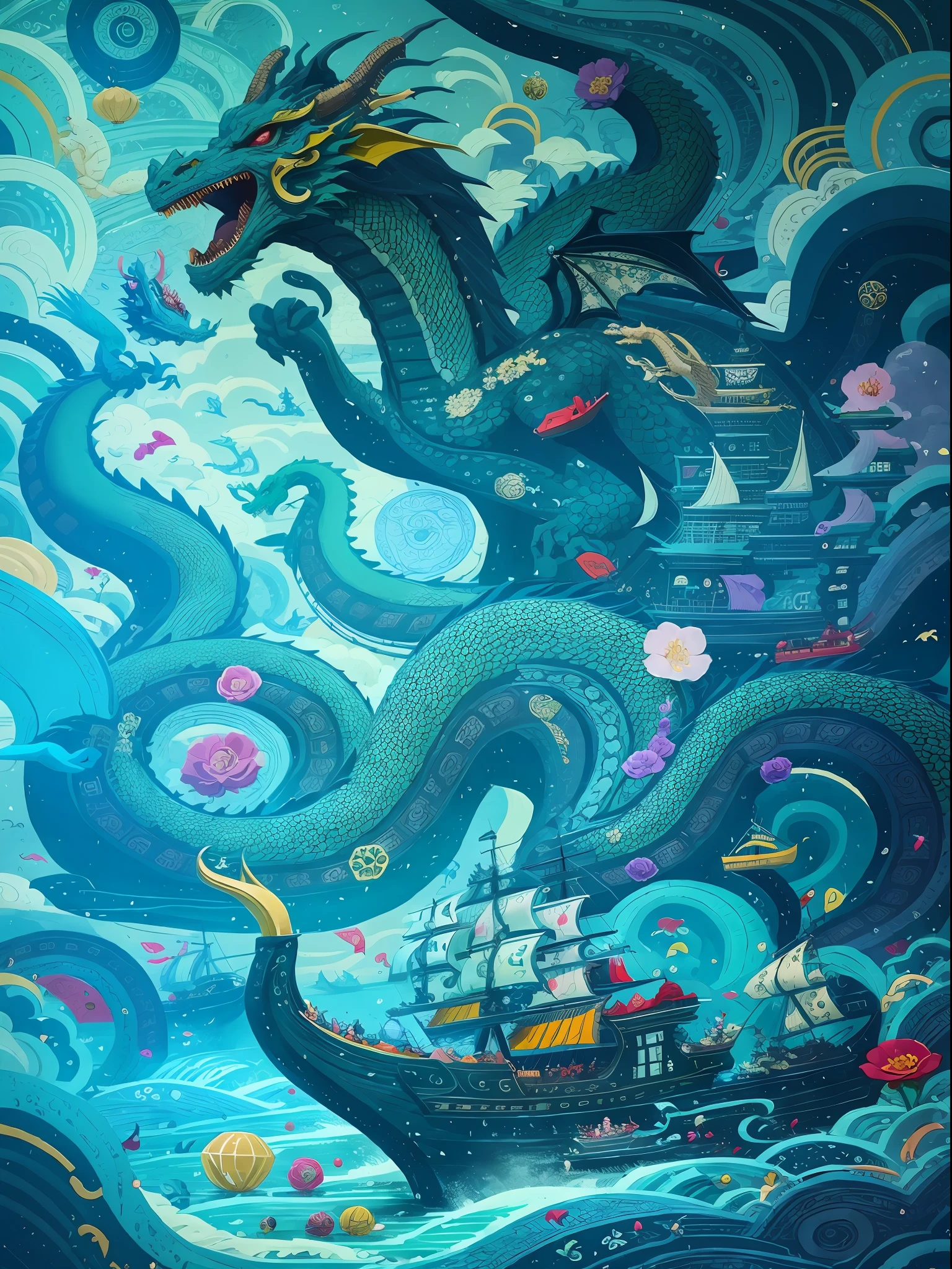 Dragon boats, sailing, flower boats