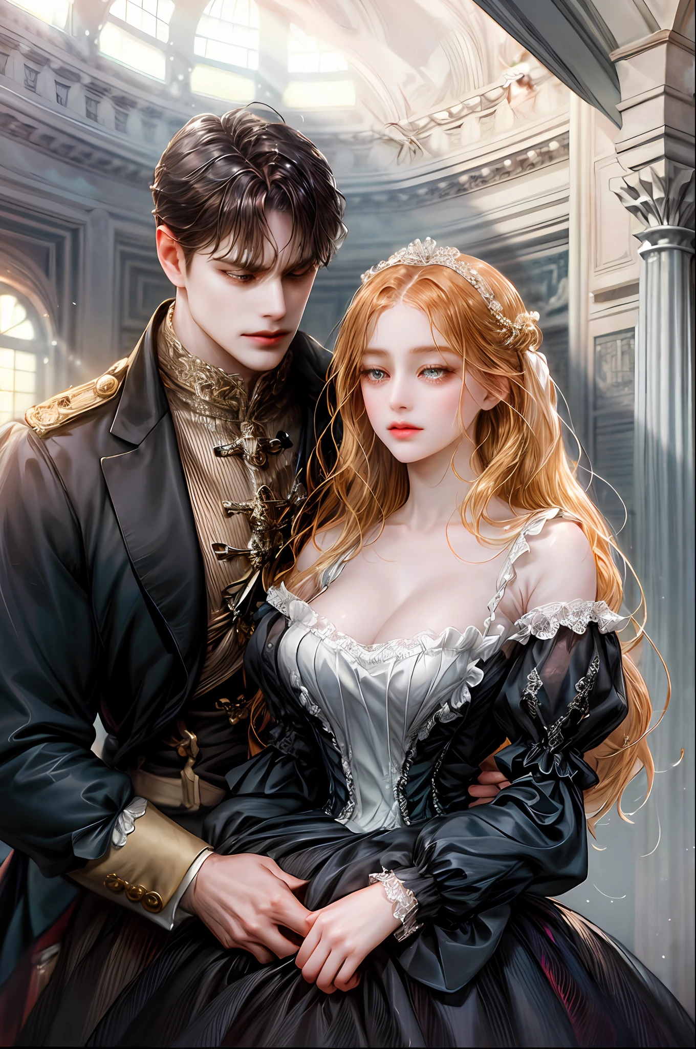 The background of the cover could be an imposing and majestic Victorian mansion, shrouded in a misty and mysterious atmosphere. The architectural style would highlight the elaborate details and the wide windows, evoking the splendor of the time.
In the foreground, one of the two girls, the young maid, could be depicted standing in a defiant position, wearing her maid's uniform, but with a determined and courageous look in her eyes. You might have a pose that denotes confidence, as if you're defying social conventions.
At his side, would be the other girl of the nobility, the lady of the mansion, dressed in an elegant period dress, but her expression would reveal the internal struggle he feels for his love for Emily. Their faces might be slightly tilted toward each other, with a look of complicity and longing in their eyes, symbolizing the emotional bond they share.
The play of light and shadow would be crucial in the composition of the cover. You could depict a soft light illuminating the two protagonists, highlighting their clandestine connection and passion, while the rest of the scene would be shrouded in shadows, symbolizing the oppression and secrets surrounding their love.