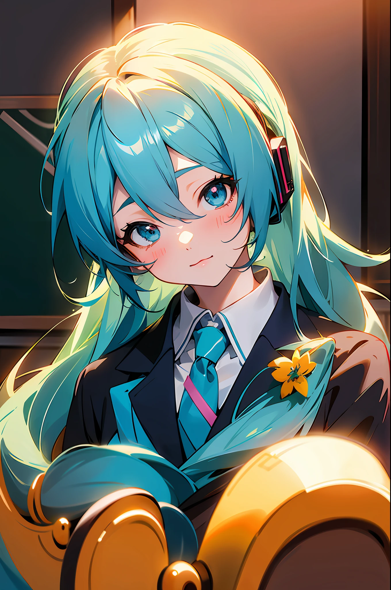 anime girl with long blue hair and a tie posing in a classroom, mikudayo, anime style 4 k, portrait of hatsune miku, hatsune miku, anime moe artstyle, anime! 4k, anime! 4 k, miku, 4k anime wallpaper, seductive anime girl, hatsune miku portrait, anime wallpaper 4k, anime wallpaper 4 k