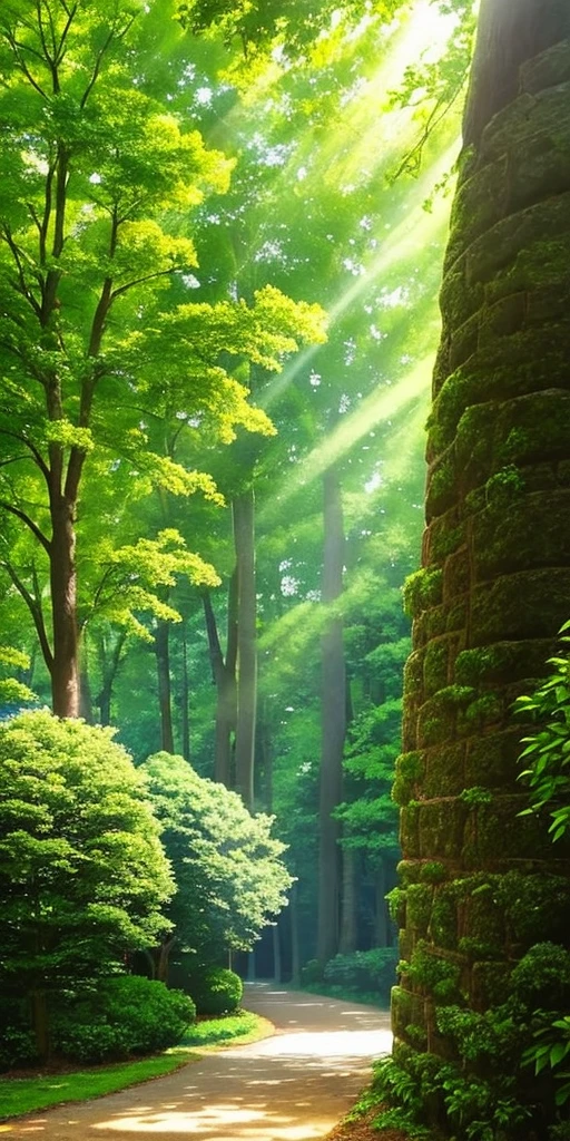 "View of an RPG forest in high resolution, master quality, incredible detail, path that leads to a majestic wall at the end of the path, with a vibrant and lively city in the background. The environment is shrouded in a beautiful green hue and vibrant colors, with sunlight shining through the trees, epic rays of sunshine piercing through the foliage, and the trees in the foreground, one of which has a trunk with detailed notching. The forest border incorporates drafts of