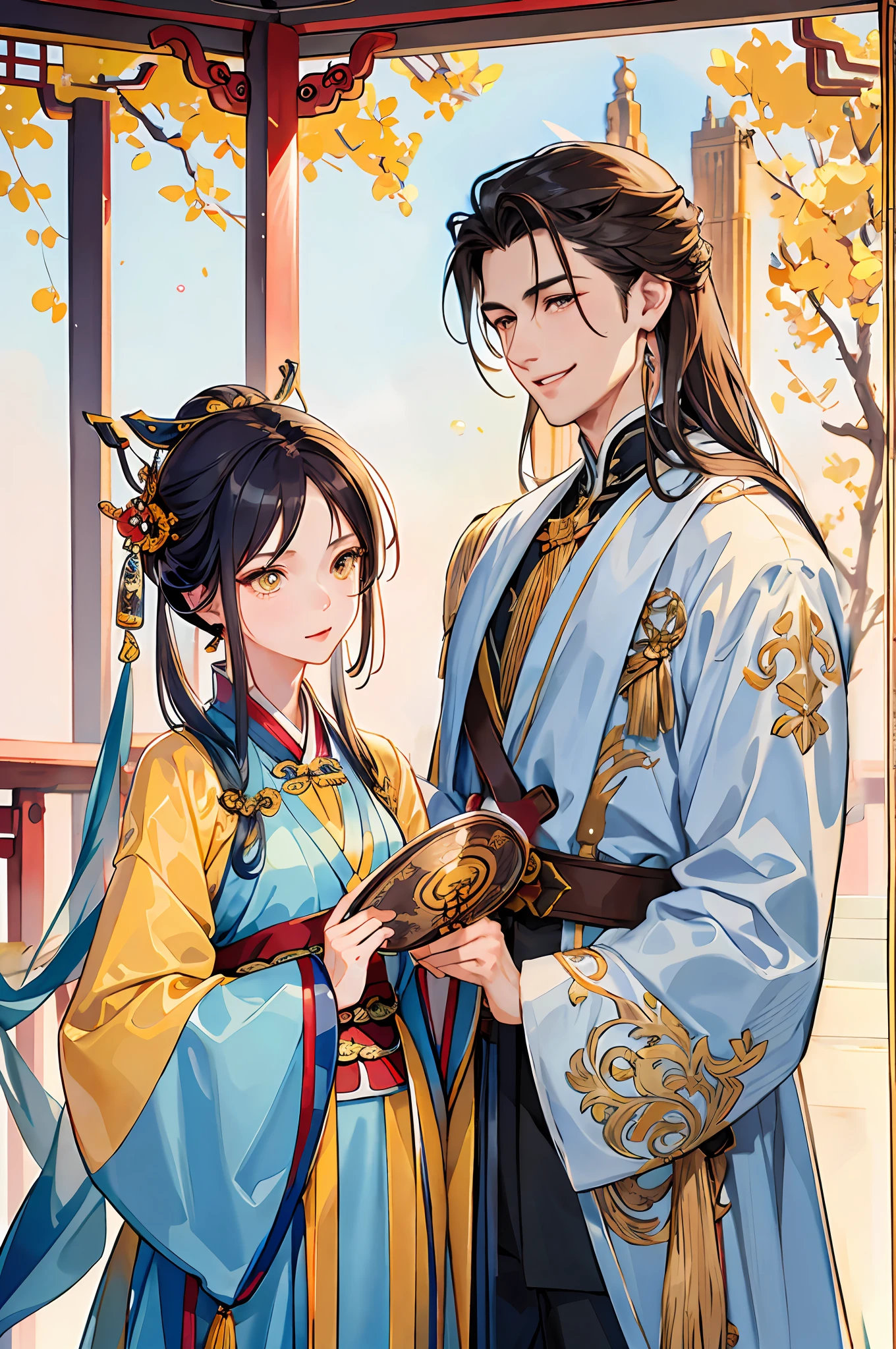 Male, tall, long hair, golden eyes, handsome, smiling, thinking, holding a magnifying glass, period costume
