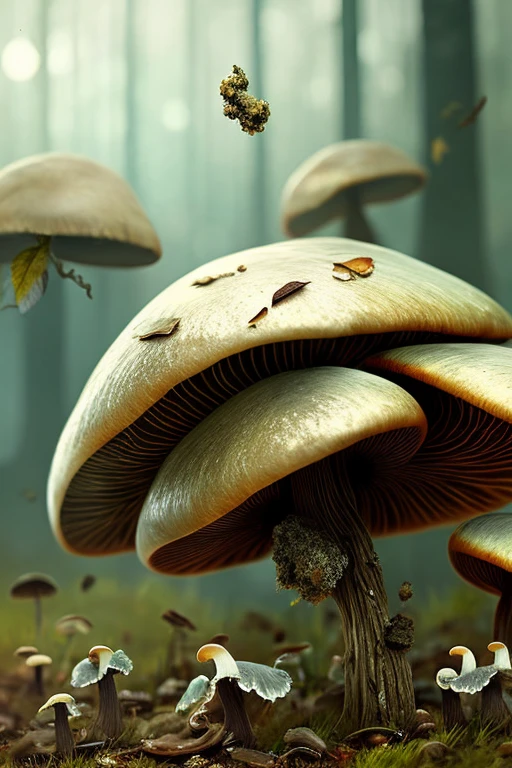decaying mushrooms, leaves, anthill , death, putrid, fog, hyper detail, upscale