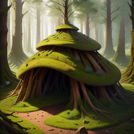 Giant anthill made of sticks, leaves and moss in a realistic style