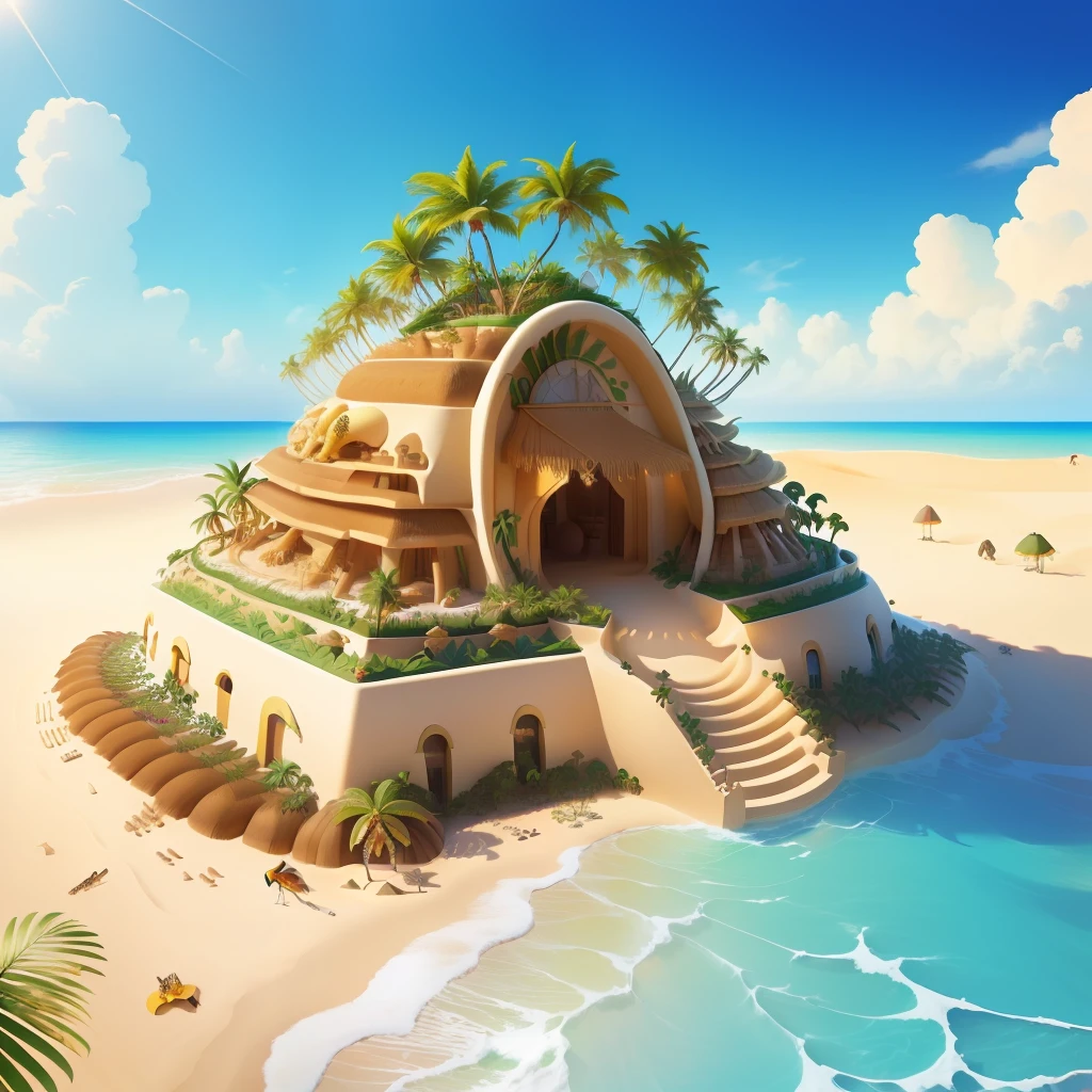 tropical anthill made of sand and palms with toucans and bananas and coconuts hyper detail upscale