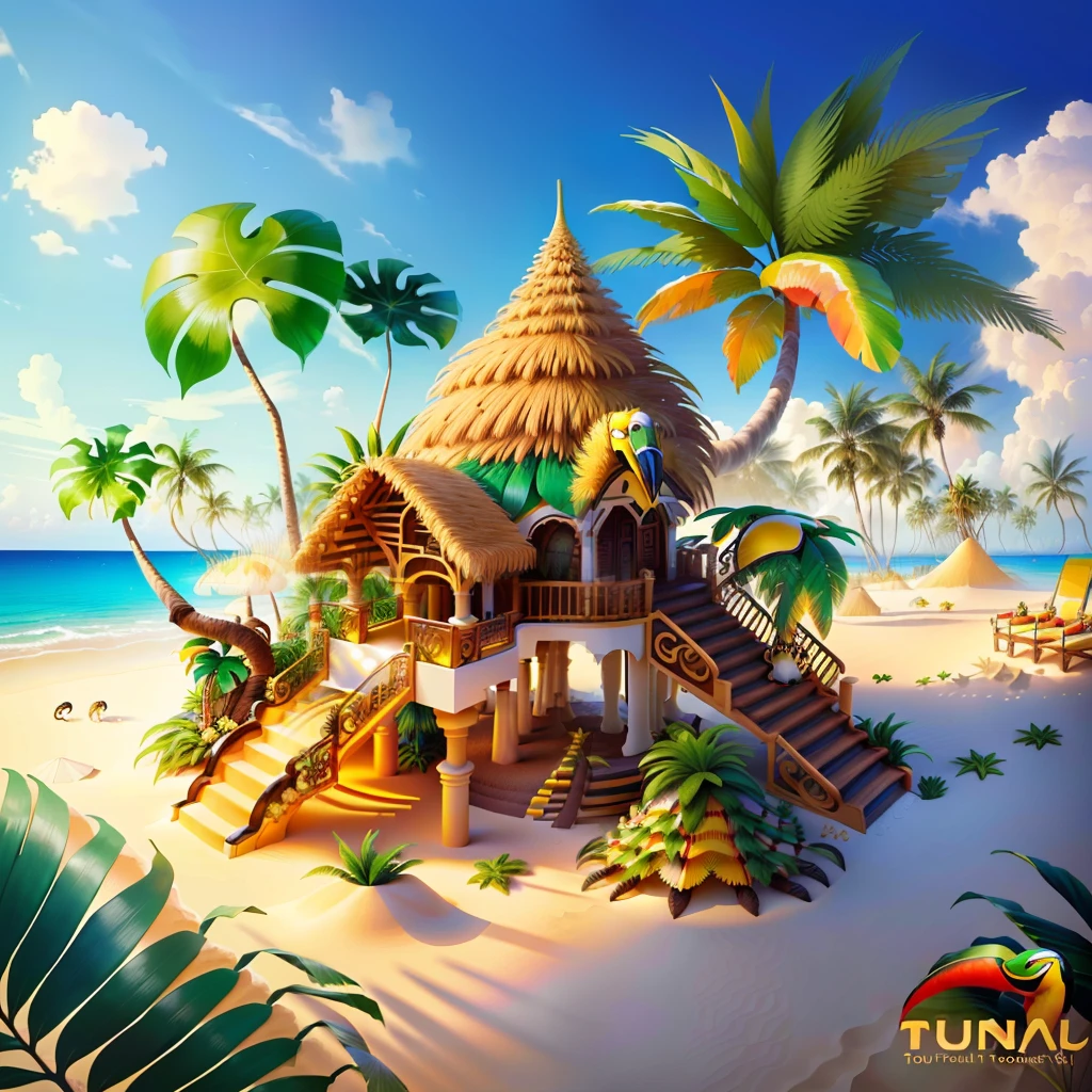 tropical anthill made of sand and palms with toucans and bananas and coconuts hyper detail upscale