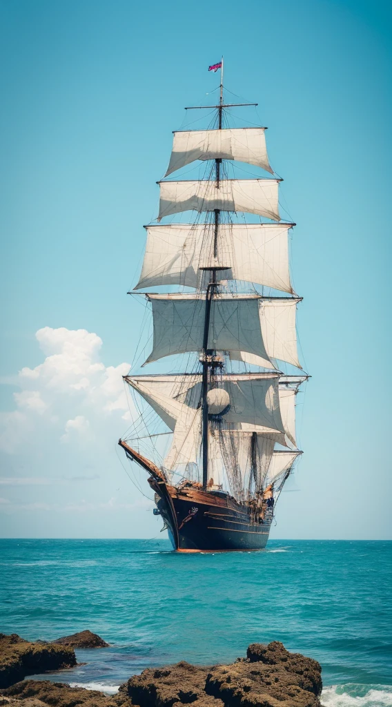 summer, sea, portfolio, distant view, island floating, ultra high quality, 8k, pirate ship