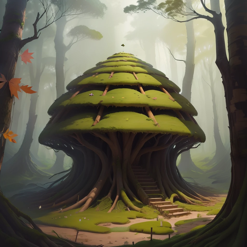 Giant anthill made of sticks, leaves and moss in a realistic style