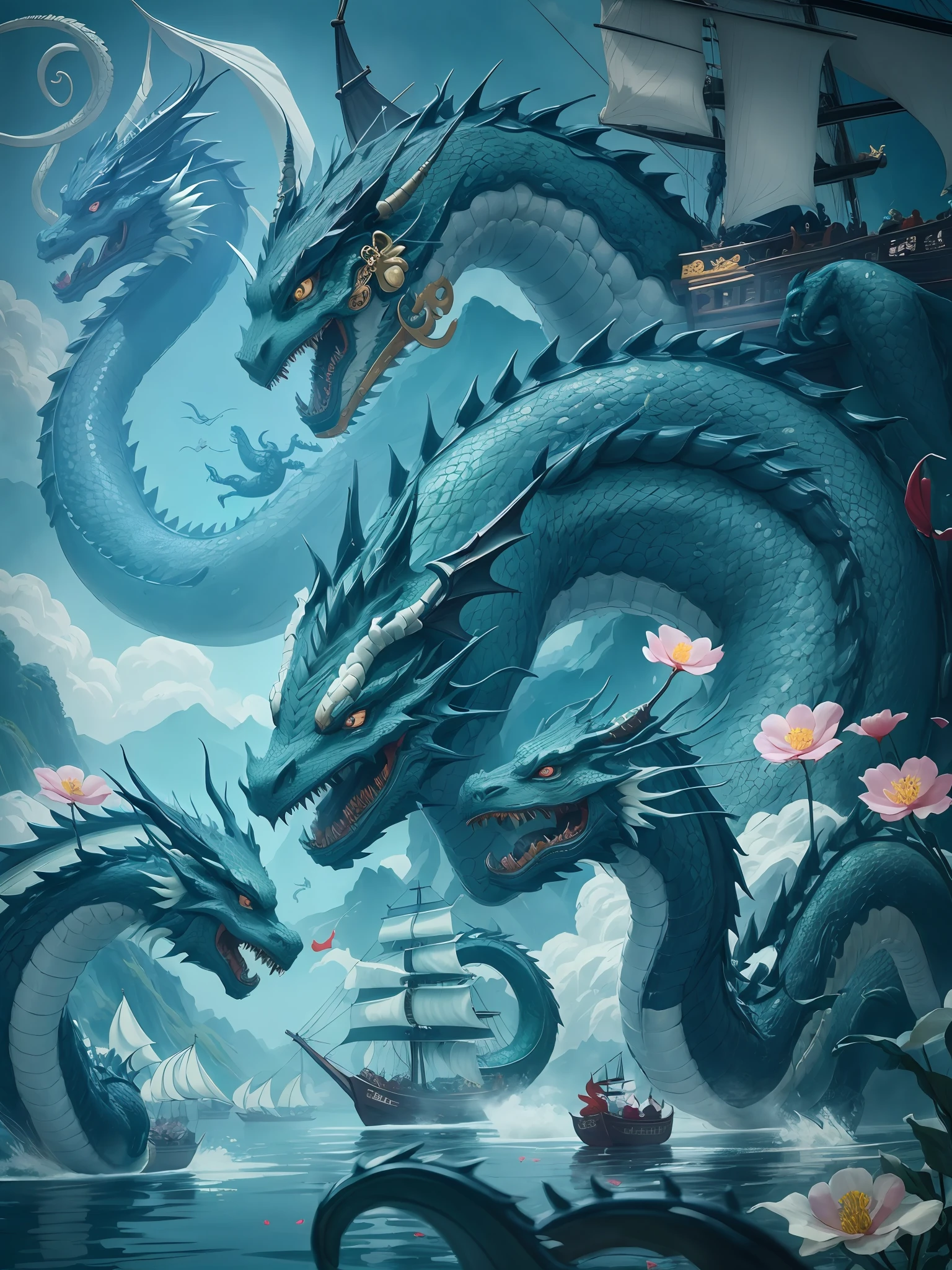 Dragon boats, sailing, flower boats, Chinese dragons,