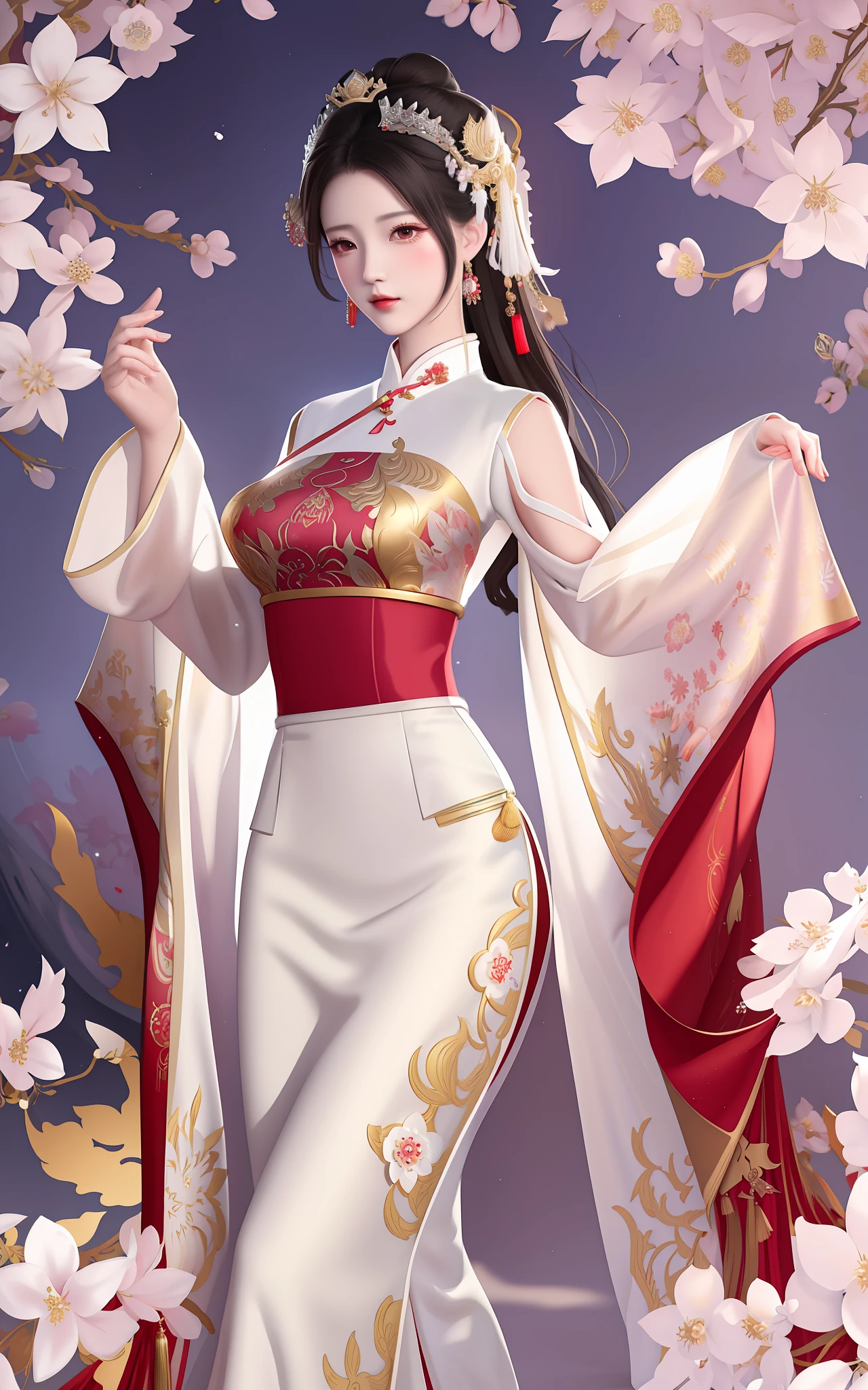 araffe woman in a white and red dress and a red and gold dress, palace ， a girl in hanfu, trending on cgstation, a beautiful fantasy empress, inspired by Lan Ying, white hanfu, artwork in the style of guweiz, full body xianxia, ((a beautiful fantasy empress)), cheongsam, flowing sakura silk