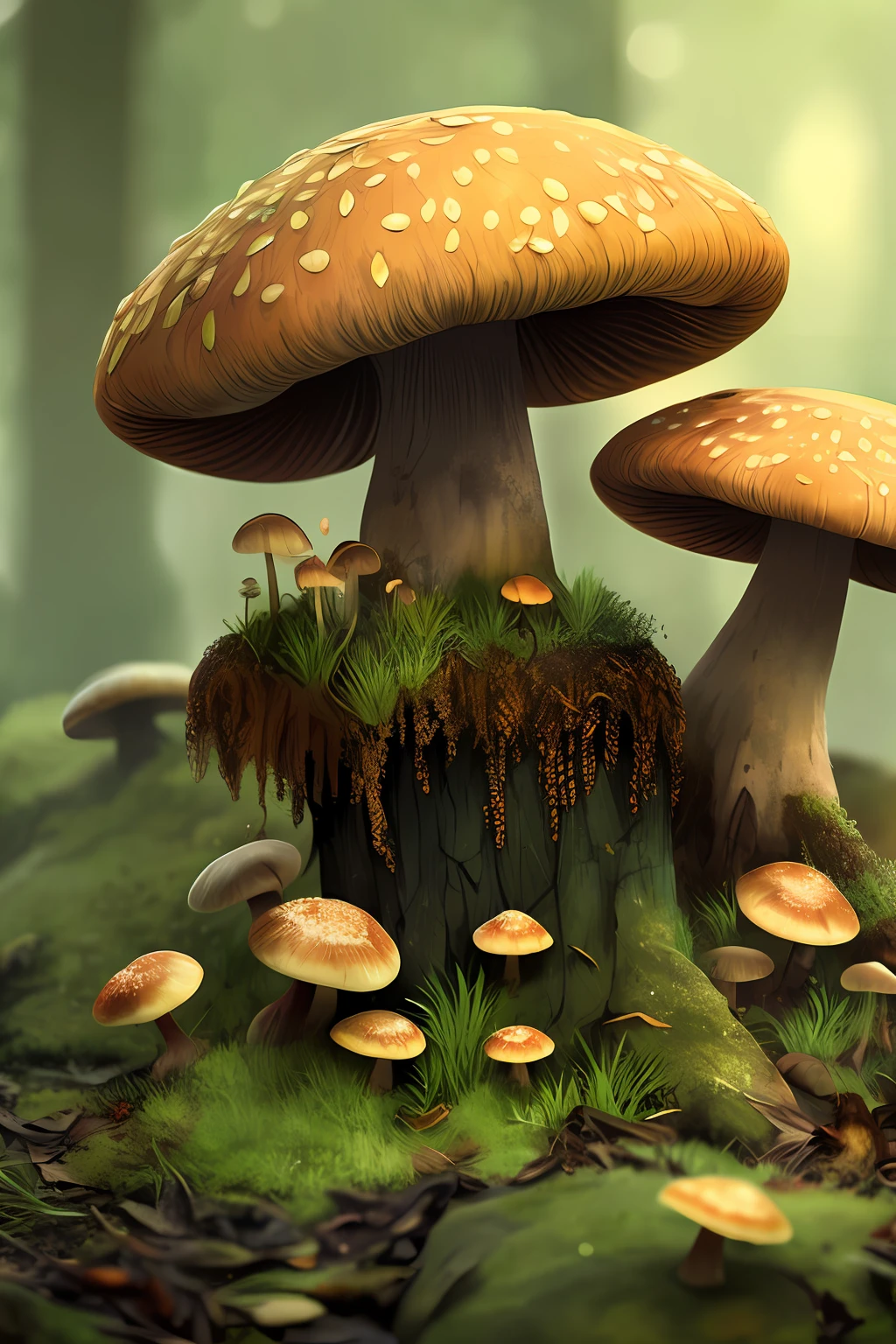 decaying mushrooms, leaves, anthill , death, putrid, fog, hyper detail, upscale