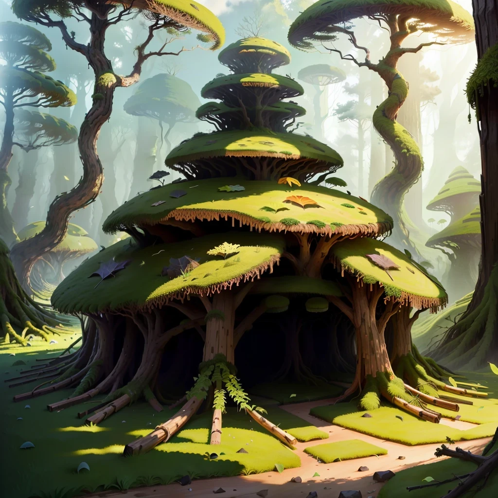 Giant anthill made of sticks, leaves and moss in a realistic style