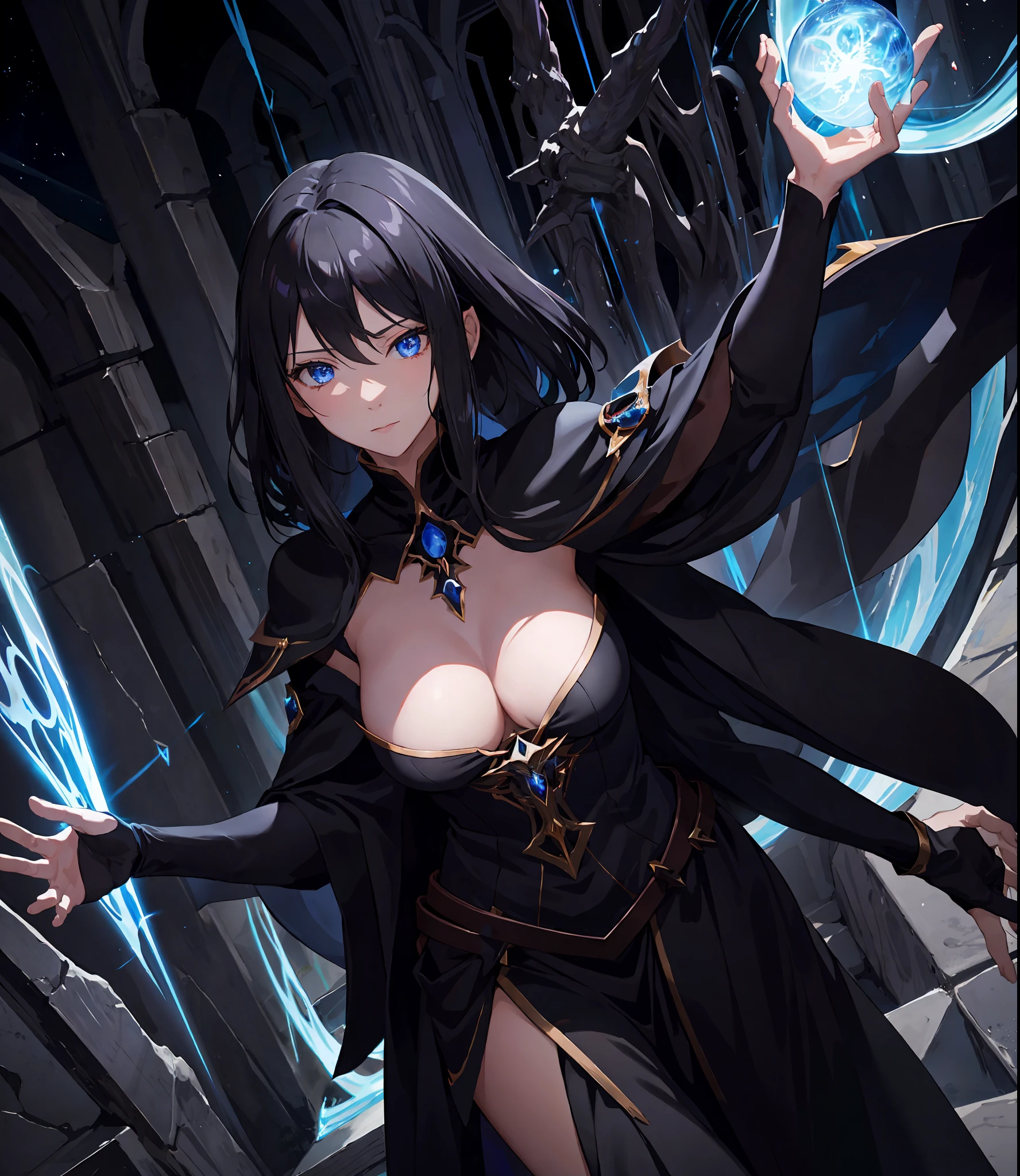 black - haired mage, dark sorceress full view, dark sorceress fullbody pose, dark witch character, epic mage girl character, female mage, female mage!, beautiful celestial mage, dark sorceress, a beautiful sorceress, sorceress, mage, solo, blue eyes