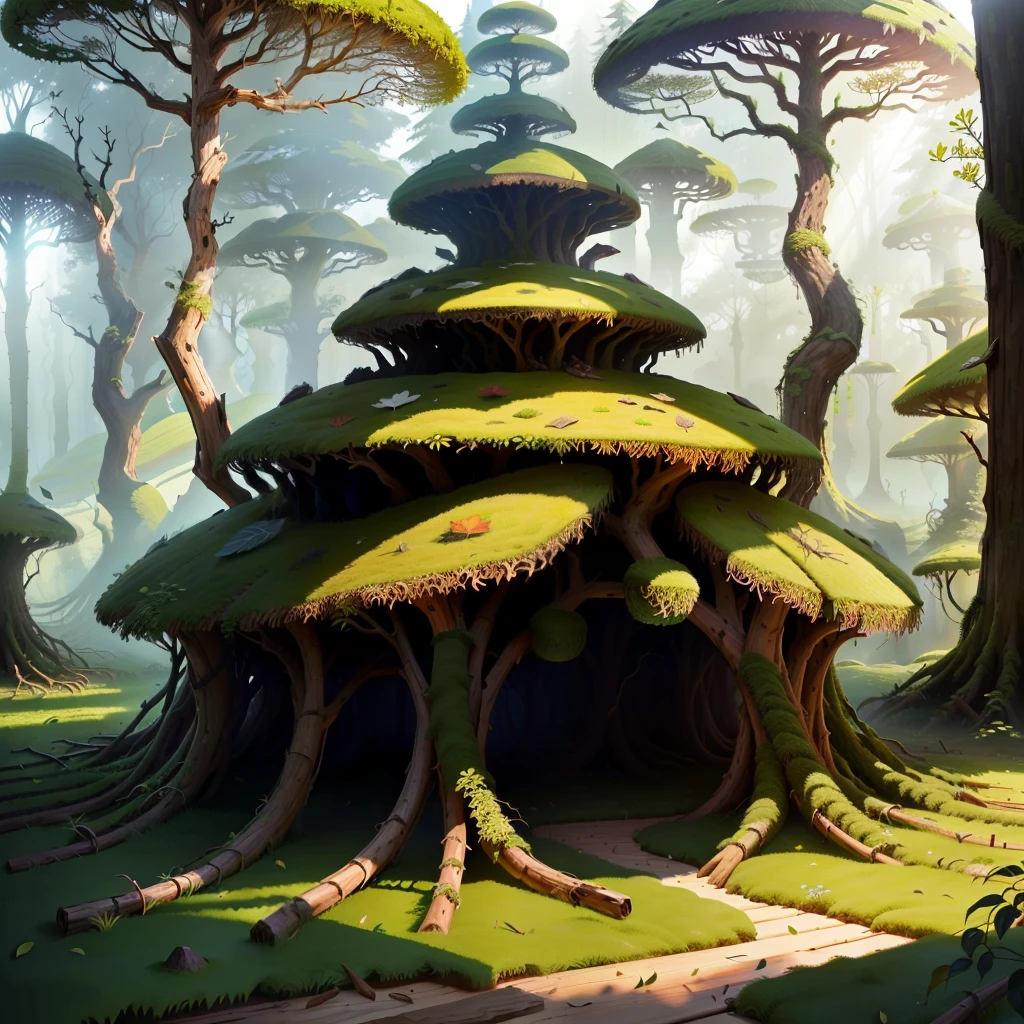 Giant anthill made of sticks, leaves and moss in a realistic style