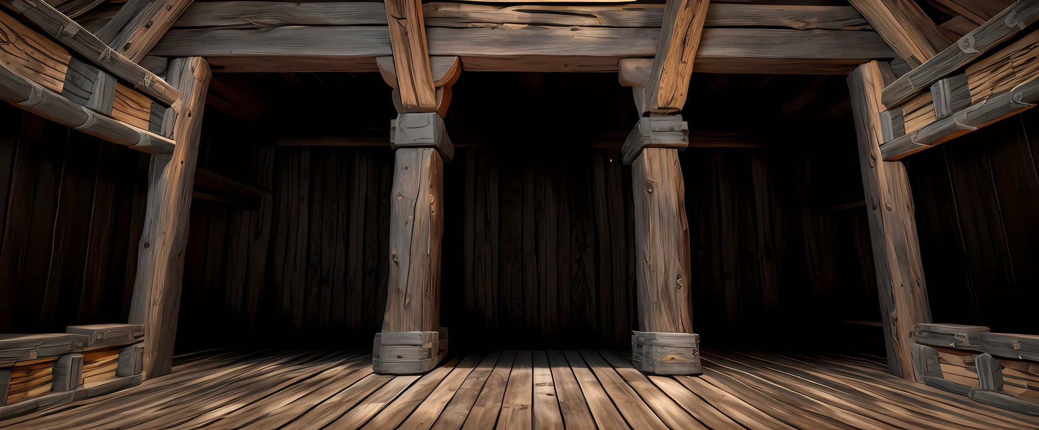 In the middle there is a wooden structure with pillars and benches, Viking style, rendered in Unreal 5, advanced texture rendering, rustic throne room, rendered in RTX, advanced texture rendering), rendering in Unreal Engine, rendering in Unreal Engine, rendering in Unreal Engine, rendering in Unreal Engine, rendering in Unreal Engine 3, Intricate details. Unreal Engine