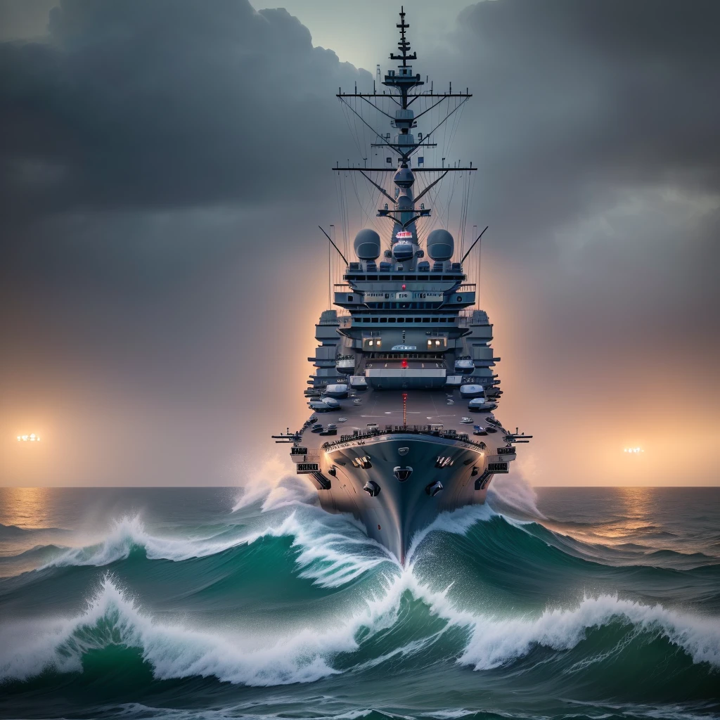 (((8k, RAW photo, best quality, masterpiece: 1.4))), ultra-high resolution, aircraft carrier, stormy, stormy, seas, realism, intricacies, high detail, art