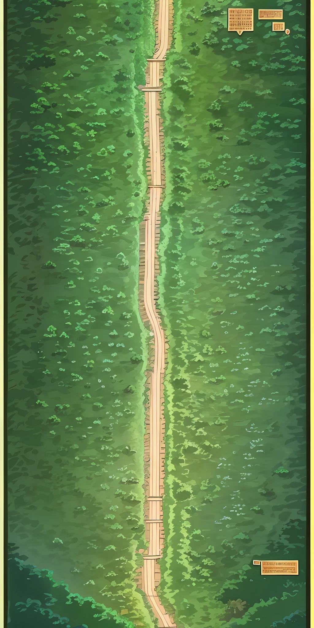 Map of a forest of Rpg, path that leads to a wall, with a city behind, when reaching the end of the path, a city with a huge wall, and a brown gate
