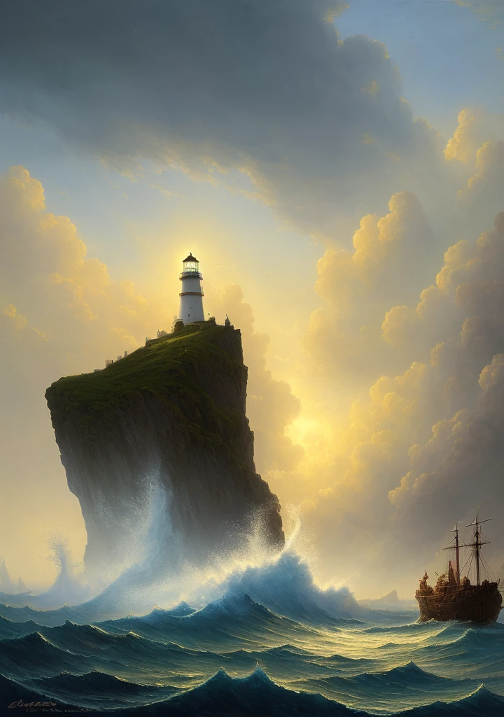 (highly detailed:1.2),(best quality:1.2),(8k:1.0),(emb-rrf-low:1.0),sharp focus,(award-winning photograph:1.2), (subsurface scattering:1.1), there is a painting of a lighthouse and a ship in the ocean, apocalyptic tumultuous sea, scylla and charybdis, fantasy sea landscape, fantasy epic digital art, 4k highly detailed digital art, dramatic concept art, epic surrealism 8k oil painting, epic fantasy digital art, epic fantasy painting, inspired by Ivan Aivazovsky, background artwork
