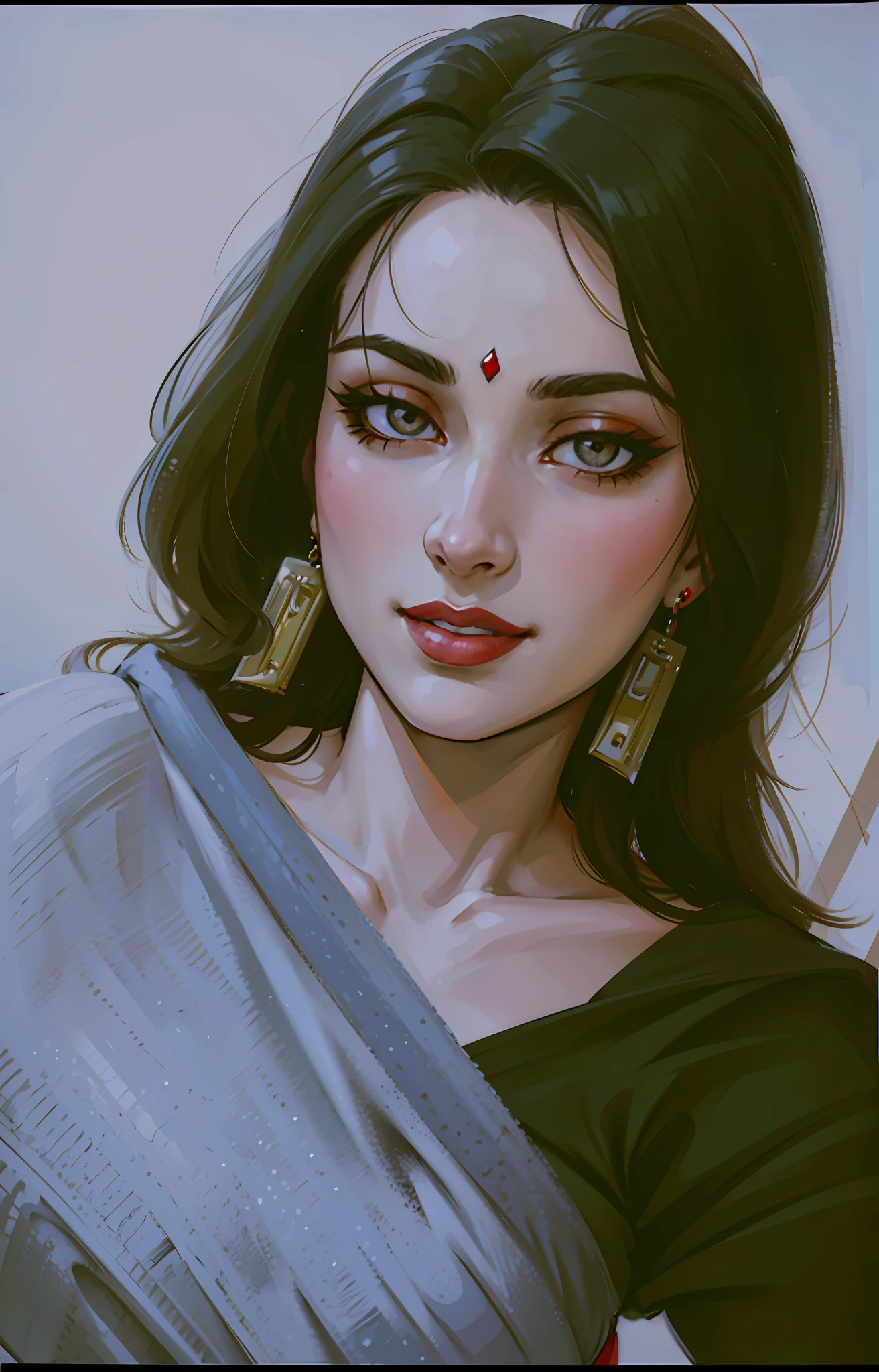 (masterpiece),(best quality:1.0), (ultra highres:1.0), detailed illustration, 8k, anime, 1girl, beautiful anime girl, in a sari, wearing a grey sari, pretty face, detailed face, beautiful eyes, detailed eyes, red lips, red lipstick, smiling, beautiful hair, highlights in hair, pretty earrings, detailed, anime style, best quality