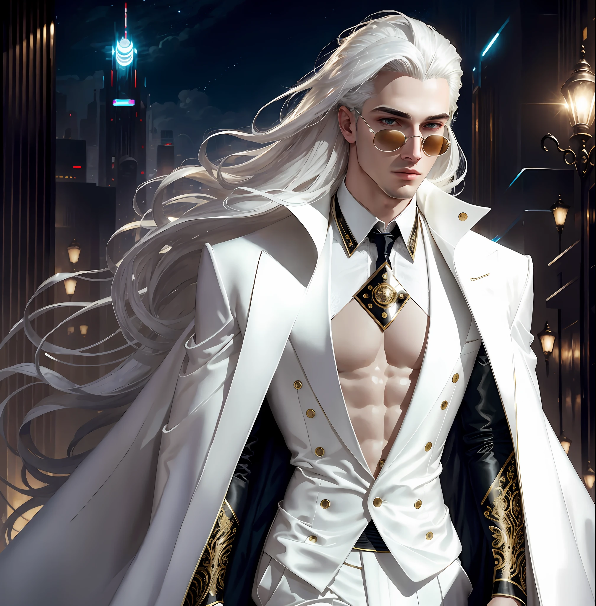 masterpiece, highest quality, (solo focus), (perfect face:1.1), (high detail:1.1),dramatic, 1guy, (pale skin), long white hair, white eyes, [light eyebrows], solo, long hair, moon, night, white luxury suit, covered navel, pouty lips, covered, futuristic city, detailed background, art by artgerm and greg rutkowski, cinematic lighting, roses, fashion, BalenciagaStyle