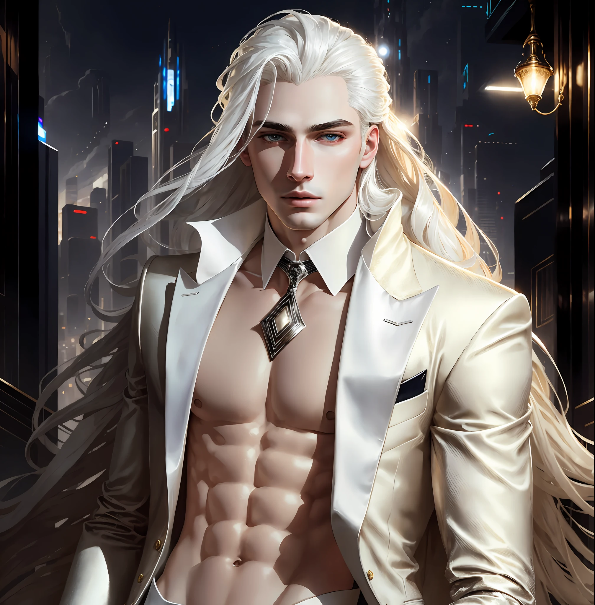 masterpiece, highest quality, (solo focus), (perfect face:1.1), (high detail:1.1),dramatic, 1guy, (pale skin), long white hair, white eyes, [light eyebrows], solo, long hair, moon, night, white luxury suit, covered navel, pouty lips, covered, futuristic city, detailed background, art by artgerm and greg rutkowski, cinematic lighting, roses, fashion, BalenciagaStyle