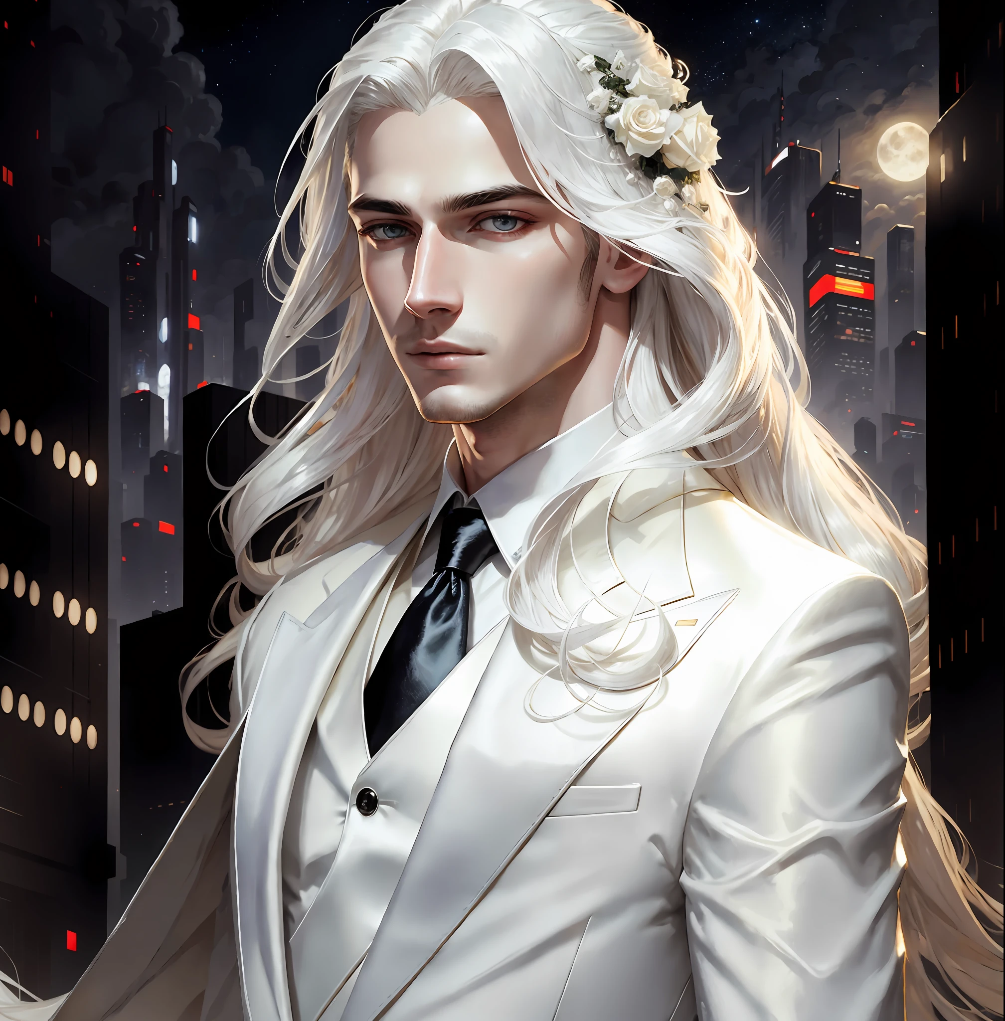 masterpiece, highest quality, (solo focus), (perfect face:1.1), (high detail:1.1),dramatic, 1guy, (pale skin), long white hair, white eyes, [light eyebrows], solo, long hair, moon, night, white luxury suit, covered navel, pouty lips, covered, futuristic city, detailed background, art by artgerm and greg rutkowski, cinematic lighting, roses, fashion, BalenciagaStyle