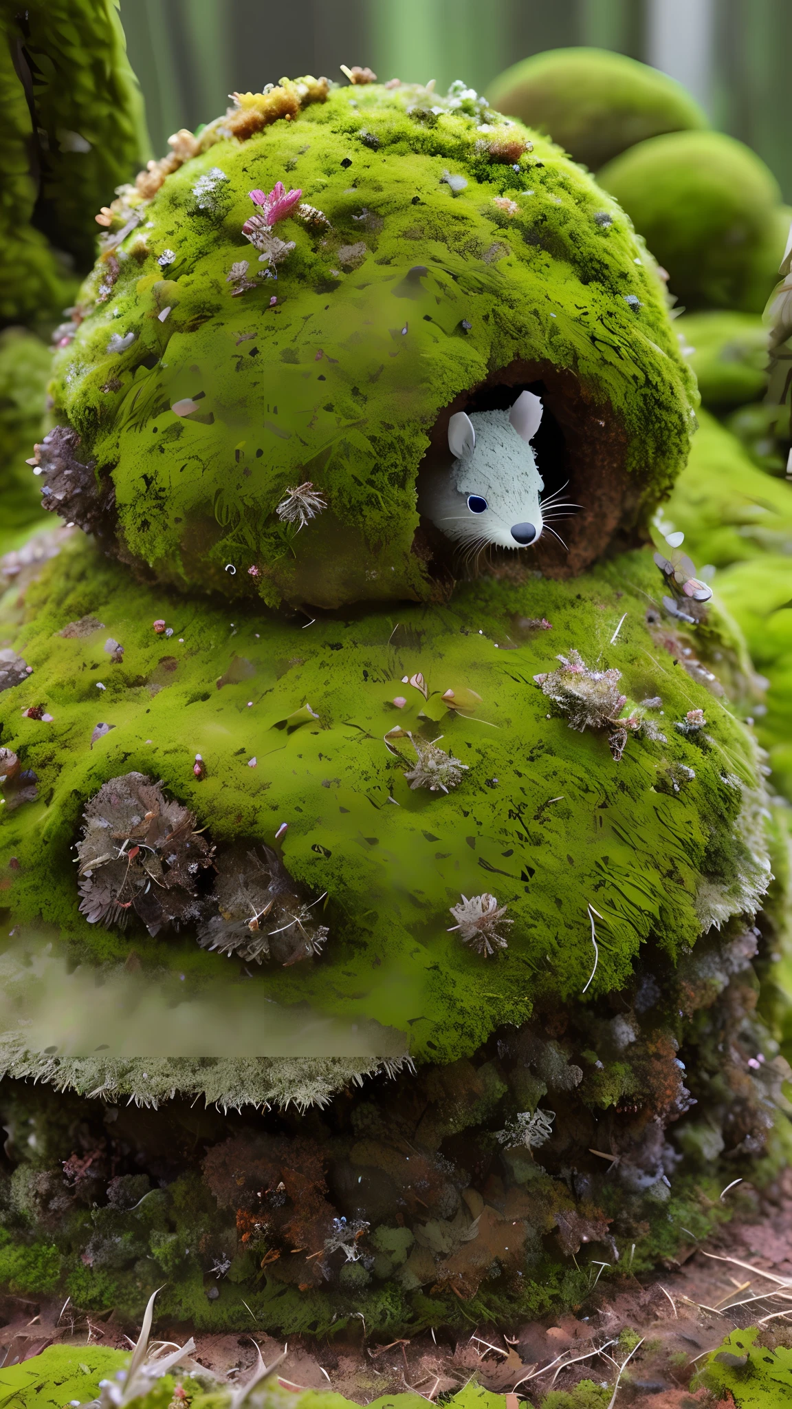 hyperrealistic animatronic anthill covered with moss and lichens