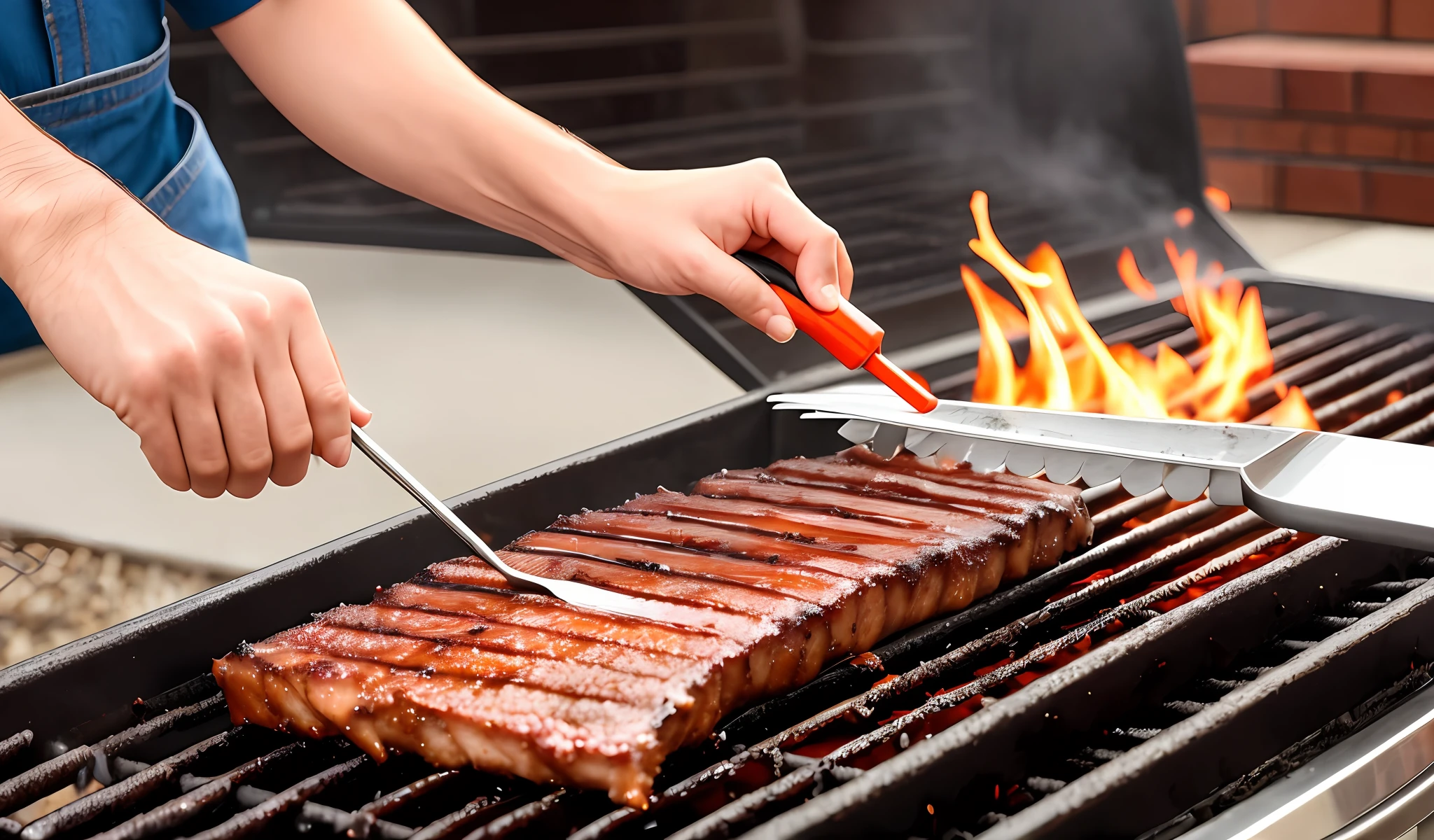someone is brushing the ribs on the grill with a brush, serving rack of ribs, grill, barbecue, easy, barbecuing chewing gum, using fork, easy go, powerful detail, grills, composite, 5 d, 5d, closeup - view, ergonomic, environmental shot, spatula, the best, more details, manual, professional