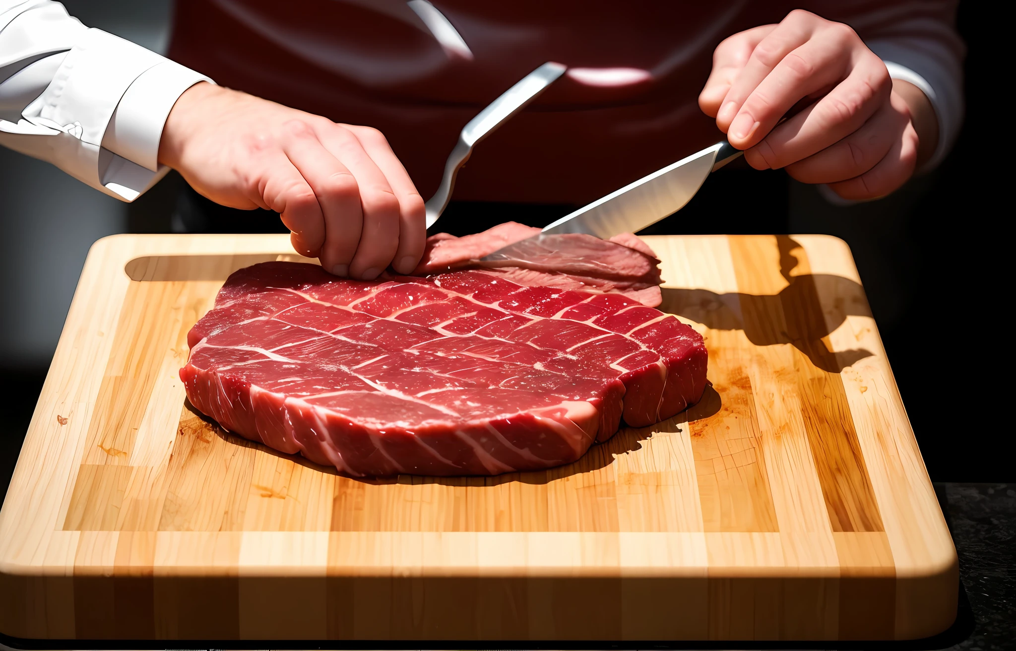 someone cutting up a piece of meat on a cutting board, eating meat, carving, cooking it up, meat, extremely intricate, accurate and detailed, barbecue, super realistic food picture, juicy meat, meat with veins, smoked layered, epicurious, centered shot, steakpunk, absolutely outstanding, ready to eat, accurately portrayed, realistic artwork, highly intricate