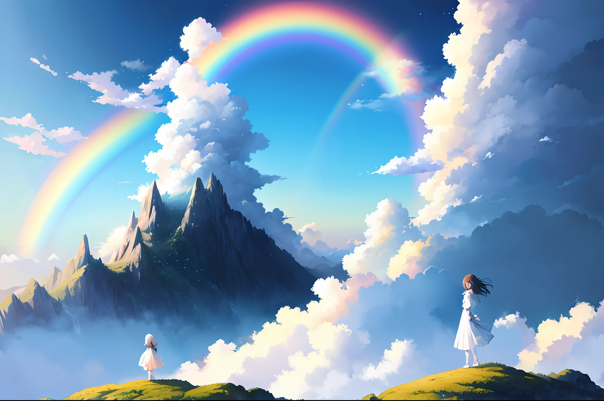 (Anime Girl, Beautiful Landscape) Standing on the mountain, with the only rainbow. Spectacular anime and peaceful scenes, delicate and colorful movie backgrounds, 8K UHD resolution wallpapers. Multi-level intricate white cloud environment, beautiful sky composed of fluffy clouds. This anime landscape wallpaper will take you into a beautiful fantasy world. (Intricate cloud environments: 1.2)"