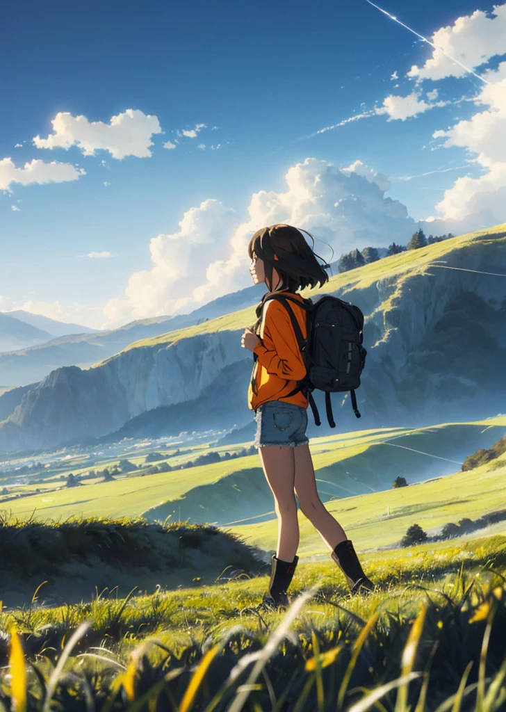 (beautiful and magnificent skyline, majestic sky), (extremely tense and dramatic pictures, moving visual effects), (high hanging Polaris, colorful natural light), (1girl), (long-sleeved top, denim shorts, carrying a backpack), (dynamic pose:1.3, black eyes, black hime-cut hair, sparkling girl)[:0.8], (large grassland), (oncoming breeze), (brown hair and background Coordination effect: 1.2), (close shot, long shot mix and match)[::0.9]