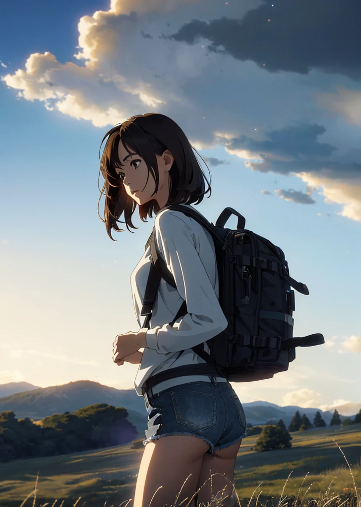 (beautiful and magnificent skyline, majestic sky), (extremely tense and dramatic pictures, moving visual effects), (high hanging Polaris, colorful natural light), (1girl), (long-sleeved top, denim shorts, carrying a backpack), (dynamic pose:1.3, black eyes, black hime-cut hair, sparkling girl)[:0.8], (large grassland), (oncoming breeze), (brown hair and background Coordination effect: 1.2), (close shot, long shot mix and match)[::0.9]