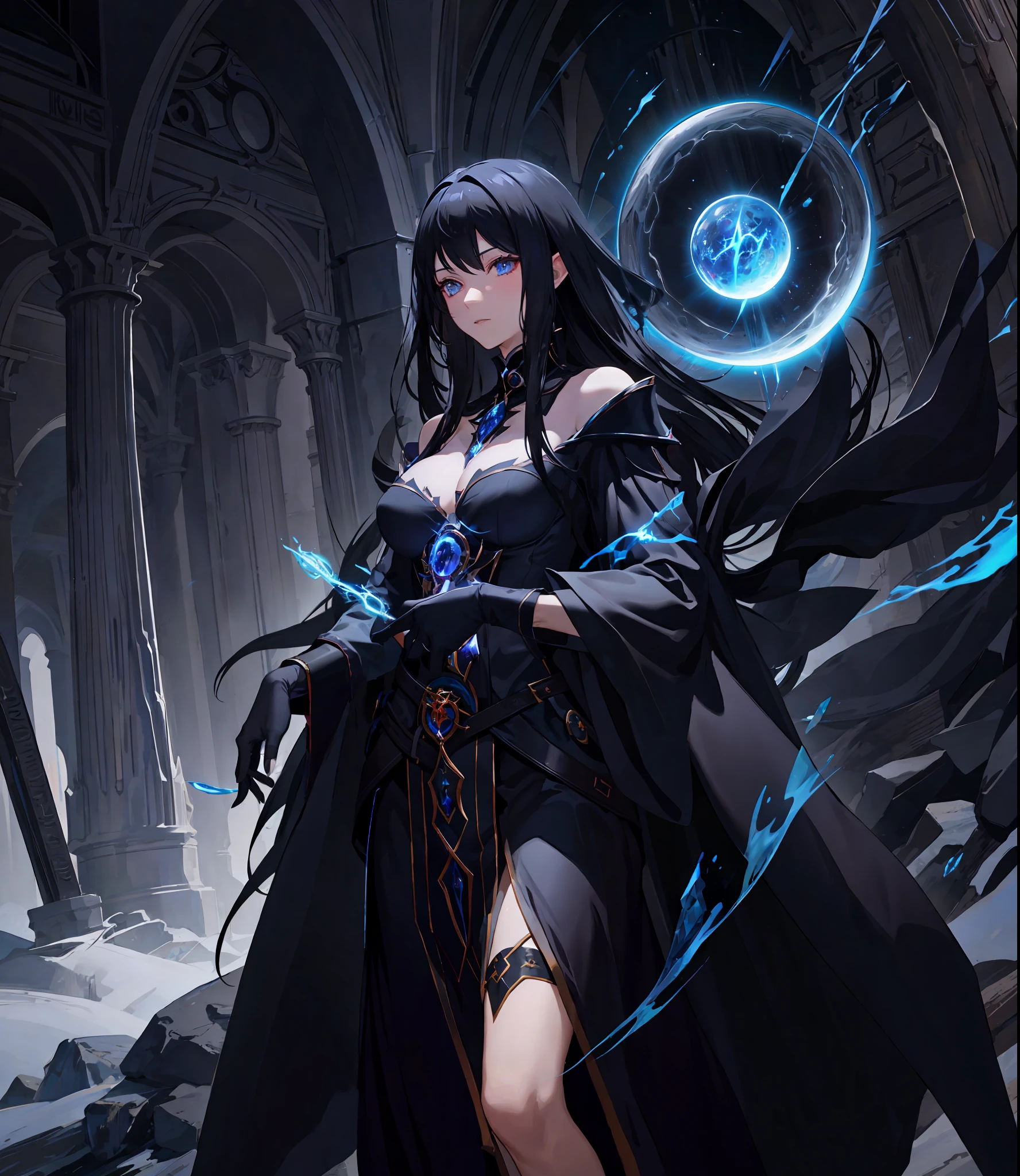 black - haired mage, dark sorceress full view, dark sorceress fullbody pose, dark witch character, epic mage girl character, female mage, female mage!, beautiful celestial mage, dark sorceress, a beautiful sorceress, sorceress, mage, solo, Negative prompt