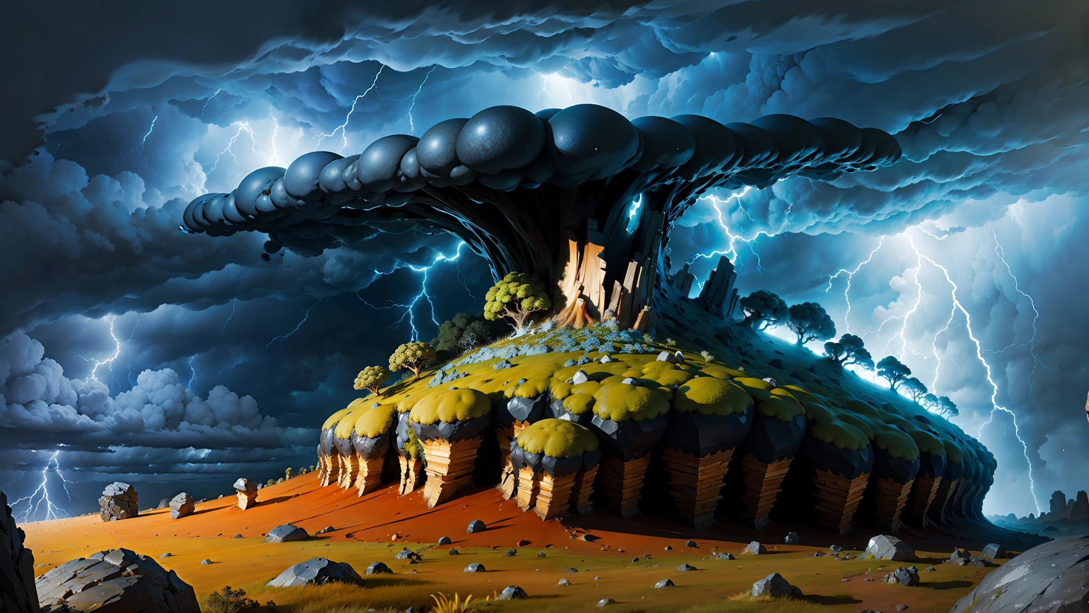 rocky anthill in storm with clouds and lightning