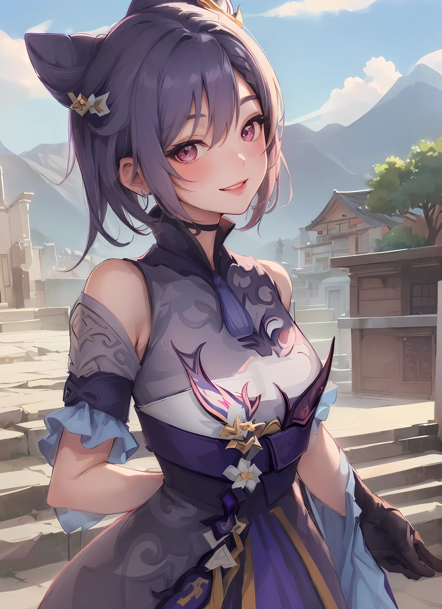keqingdef, upper body, smile, blush, outdoor, work, simple background, blue sky, short hair, sky, temple, viewer, stairs, mountains, capricious lighting, facing viewer,game illustration, illustration,sexy body,(desired smile, desirable),evil smile,