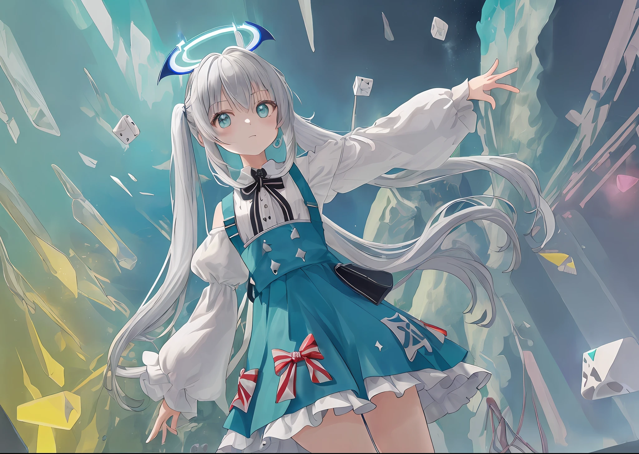 (white background:1.2), (cowboy shot), (1girl:1.5), (solo:1.2), (loli:1.5), (flat chest:1.2), (kawaii:1.2), (chibi:0.4), (detailed and beautiful girl:1.2), clear face, crystal silver hair, (very long twintails:1.13), blue eyes, ahoge, ((detailed complex blue [halo|magic circle]:1.2) on the girl head:1.2), off-shoulder shirt, deteached sleeves+long sleeves+puffy sleeves, mini skirt + layered skirt, (flat color:0.87), (graphic design:1.075), (liar:1.267), this lie is love, this lie is a gift to the world, (glowing aqua marine spelling:1.16), performers, (actress), (glowing ruby pixel particles:1.1505), [(shining idol:1.084)::0.7], [((fantastic glitch:0.8) stage ground:1.183)::0.6], (TokyoDome Live:1.025), (entertainment industry:1.127), (black stars:1.35), (avenger:1.2), (revenge:1.26), determination, (second personality:1.132), (split personality:1.2), (go to hell or abyss and underworld:1.3), (Alice's Adventures in Wonderland:1.142), (colorful Metatron's Cube:1.17)[, fantasy link lines::0.3], [filming location:large high-tech screen:0.4]