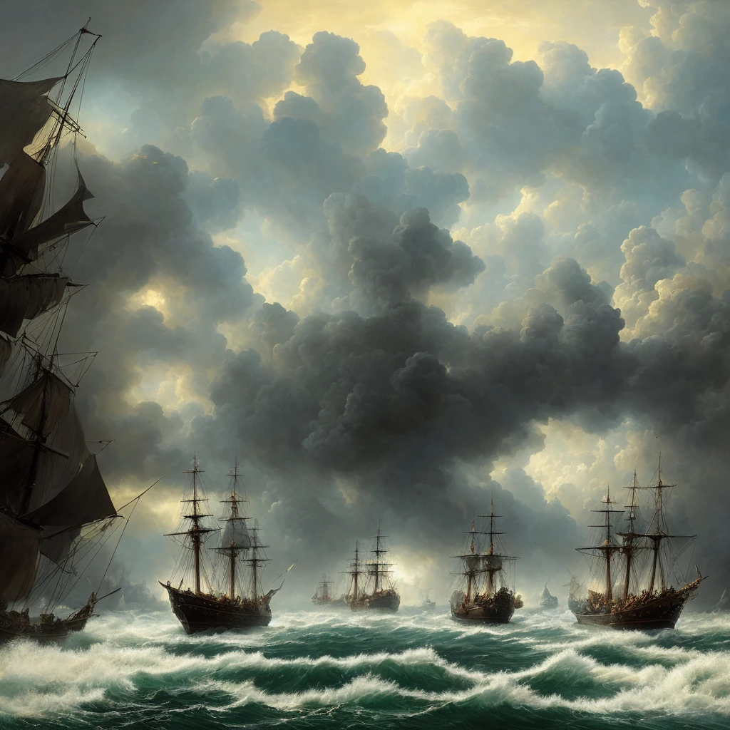 (highly detailed:1.2),(best quality:1.2),(8k:1.0),(emb-rrf-low:1.0),sharp focus,(award-winning photograph:1.2), (subsurface scattering:1.1), painting of a boat with people on it in a stormy sea, dramatic concept art, epic naval battle, a sea battle, dramatic nautical scene, dramatic artwork, epic fantasy artwork, naval battle, epic battlescene, epic fantasy painting, by Darek Zabrocki, by Tadeusz Pruszkówski, stormy and grand war scene