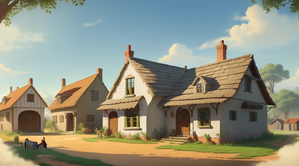 a donkey beside of a house, cartoon style, children's book illustration