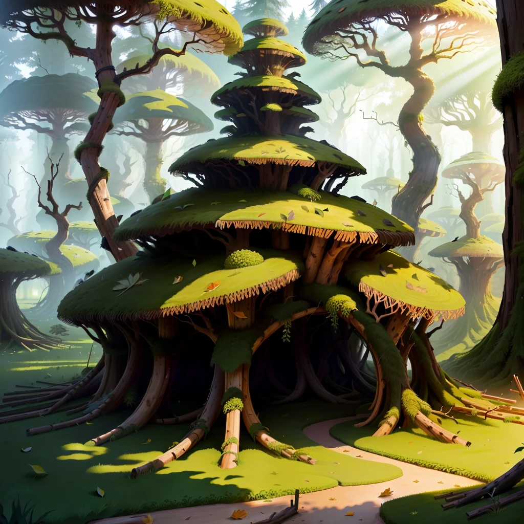 Giant anthill made of sticks, leaves and moss in a realistic style