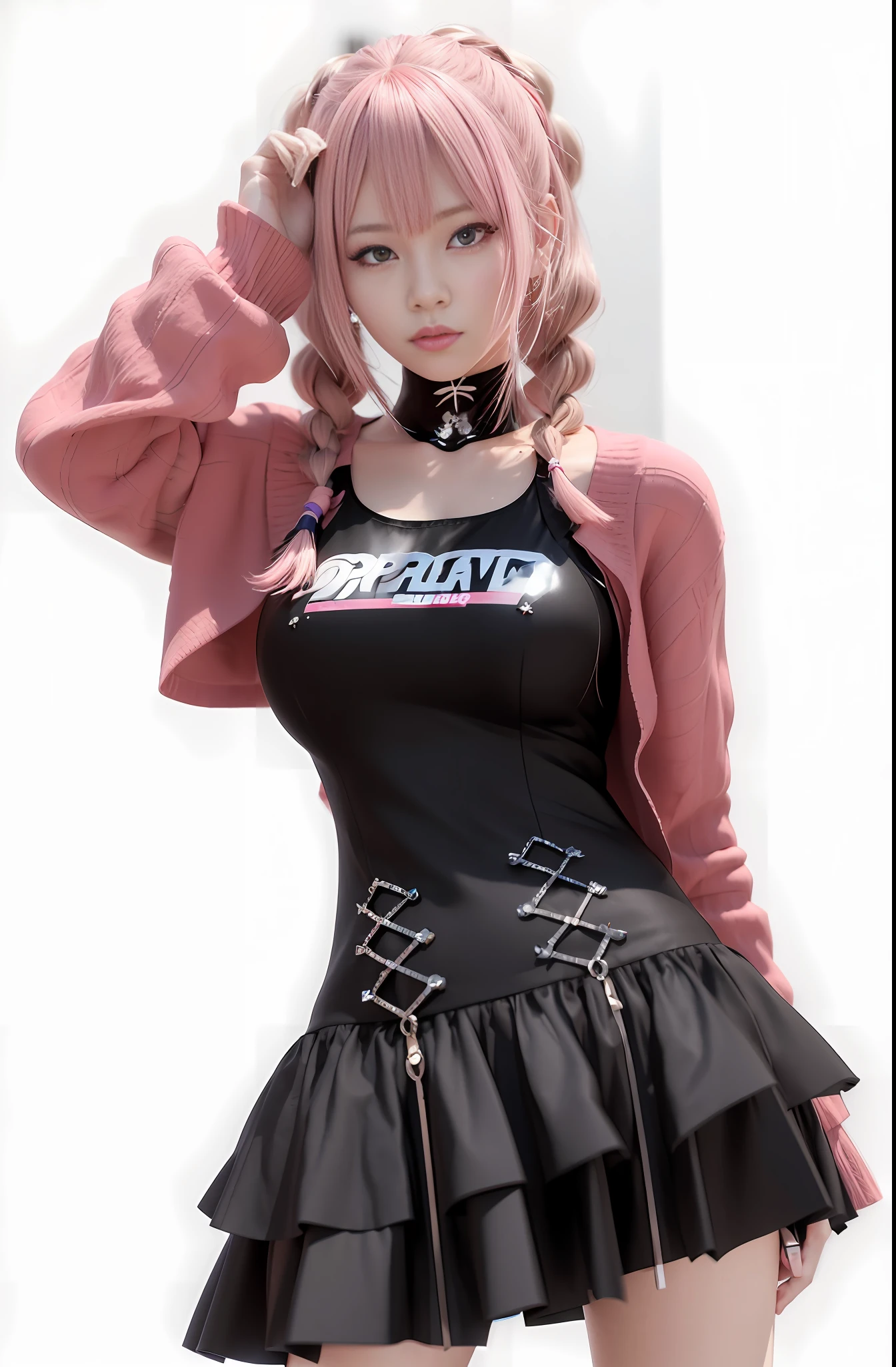 Arad woman posing for photo in black and pink costume, realistic anime girl rendering, anime style 3d, april rendering, realistic anime 3d style, cute 3d anime girl rendering, anime style. 8k, 3D anime realistic, Guvez style artwork, realistic young anime girl, close-up of woman with pink hair, pink hair, blue eyes, braids, blunt bangs, anime style. 8k, realistic anime girl rendering, short white hair girl, 3d anime style, april rendering, realistic anime 3d style, realistic costumes, cute 3d anime girl rendering, (8k, RAW photo, best quality, masterpiece:1.2), (realistic, photo-realistic:1.37), 1girl, solo, good-looking hands