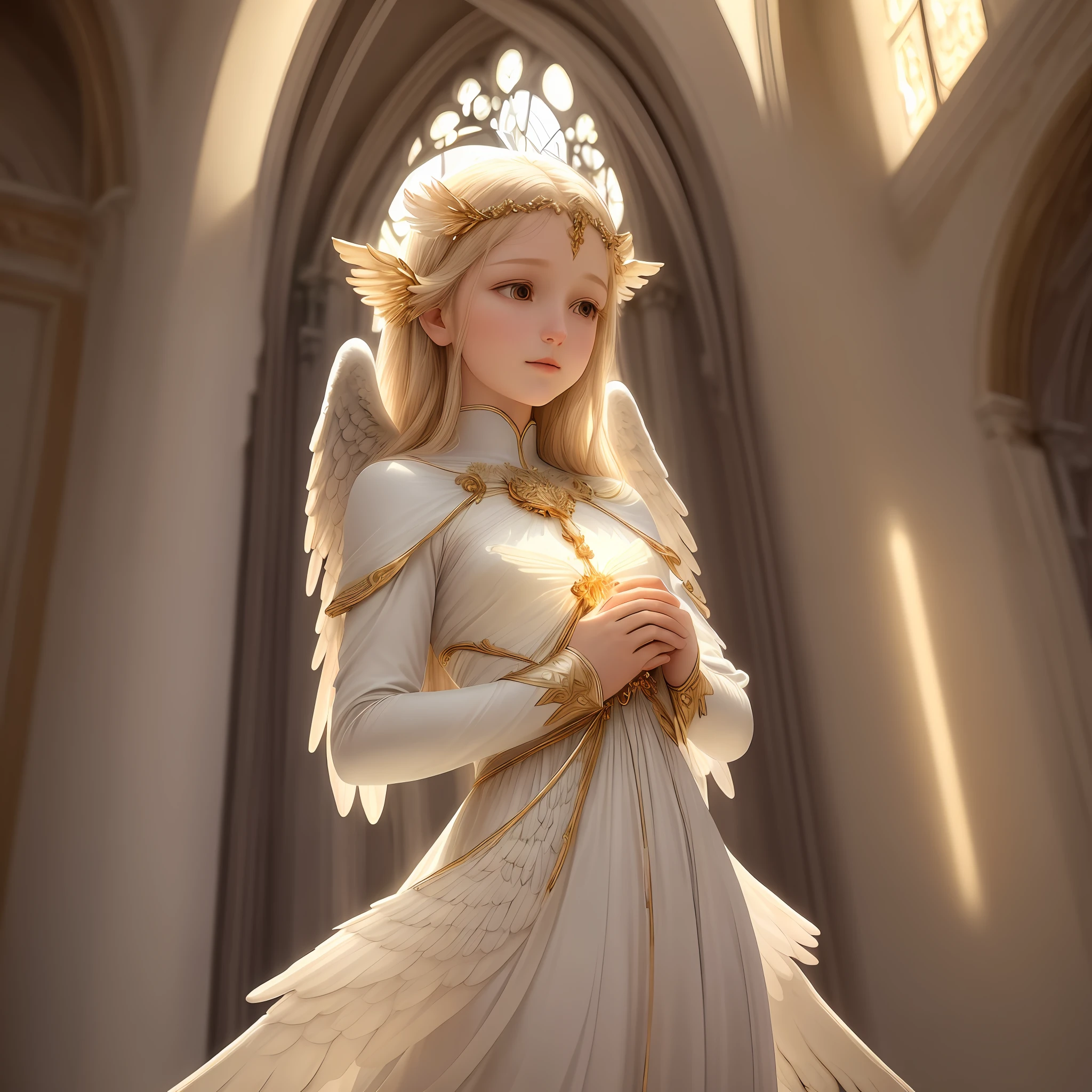 incredibly realistic photograph of an angel, drawing inspiration from biblical descriptions. Your goal is to capture the essence and majesty of these celestial beings, paying attention to every detail to make the image as closely resemble what is described in the scriptures. Begin by researching the biblical descriptions of angels. Pay attention to references to their physical features, such as their 6 wings, radiant glow, and their human yet transcendent appearance. Notice how they are described as beings full of grace and celestial beauty. Once you have studied these descriptions, decide how to visually represent the angel in the photograph. Consider the posture and facial expression that conveys a sense of serenity and divine power. The wings can be a central feature, gracefully extended, evoking a sense of ethereal movement. Carefully select the appropriate model to portray the angel. Look for someone with a serene and angelic appearance, delicate features, and a calm expression on their face. Pay attention to facial symmetry and harmony, and look for characteristics that evoke a sense of luminosity and purity. Lighting is essential to achieve a realistic and evocative effect. Use soft, diffused light that highlights the angel's grace and inner glow. Play with subtle shadows to create depth and accentuate details such as the texture of the wings or the sparkle in the eyes. Choose an environment that suggests a celestial atmosphere. It could be a natural landscape with gentle golden light falling, or even a church with colorful stained glass windows that add a sense of transcendence. Ensure that the environment does not distract from the angel but rather enhances and frames it appropriately. hyper realistic, photo realistic, anamorphic movie style, soft filter,