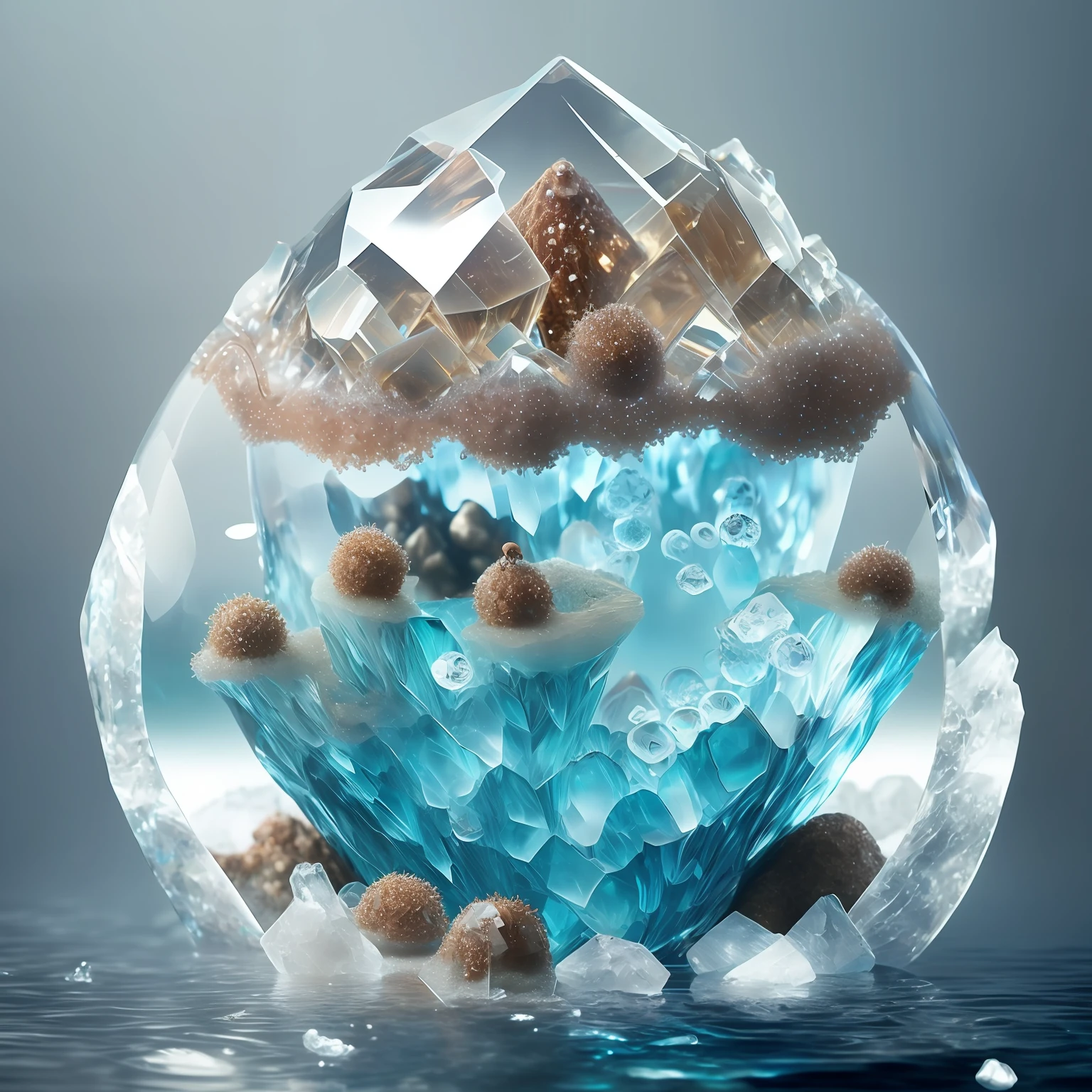 anthill made out of crystal surrounded by water