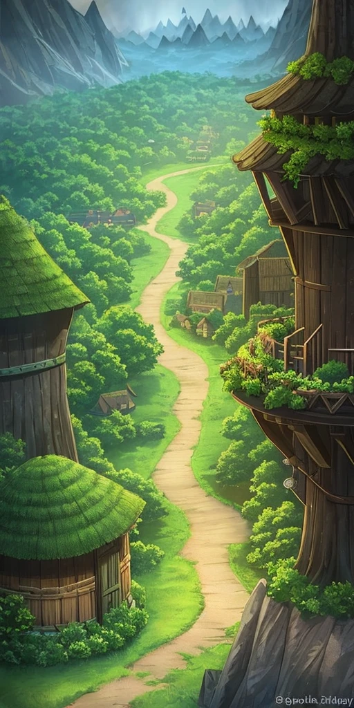"Tabletop rpg map, of a village surrounded by a dense and mysterious forest, with high quality, incredible details and engaging atmosphere. Add dramatic lighting elements and shadows to increase the immersion of the scene." The path leads to a city with a large wall with a brown gate